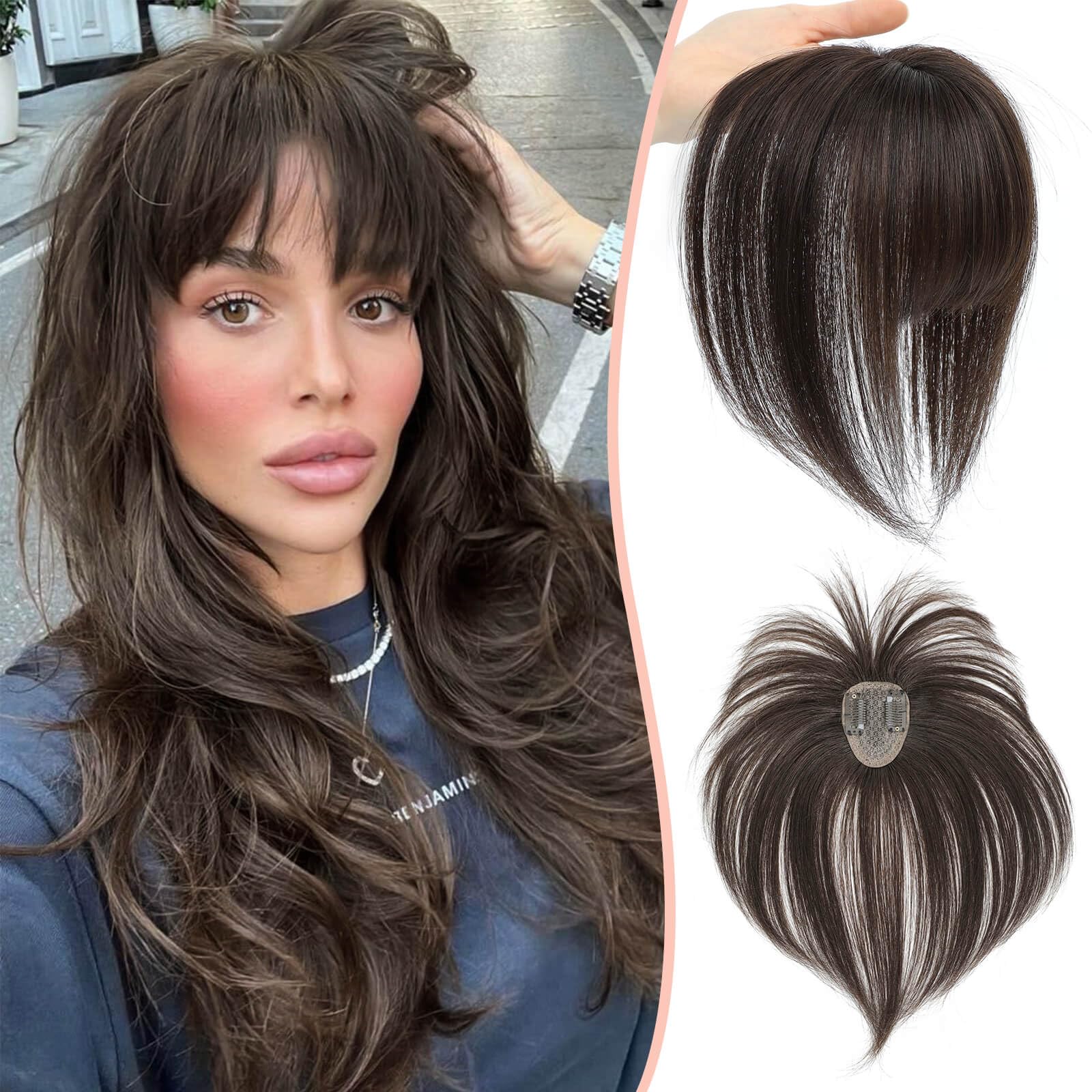 MARJORIE Clip in Bangs,360°Cover Bangs Hair 100% Real Human Hair Fake Hairpieces Clip on Bangs for Women Brown Black Fringe with Temples Wispy Bangs for Daily Party