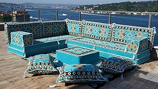 Blue 8" Thickness L Shaped Floor Couch, Arabic Sofa Seating, Floor Pillow, Sectional Sofa Set, Patio Furniture, Arabic Majlis, Sofa Covers (L Sofa + Rug + Ottoman)