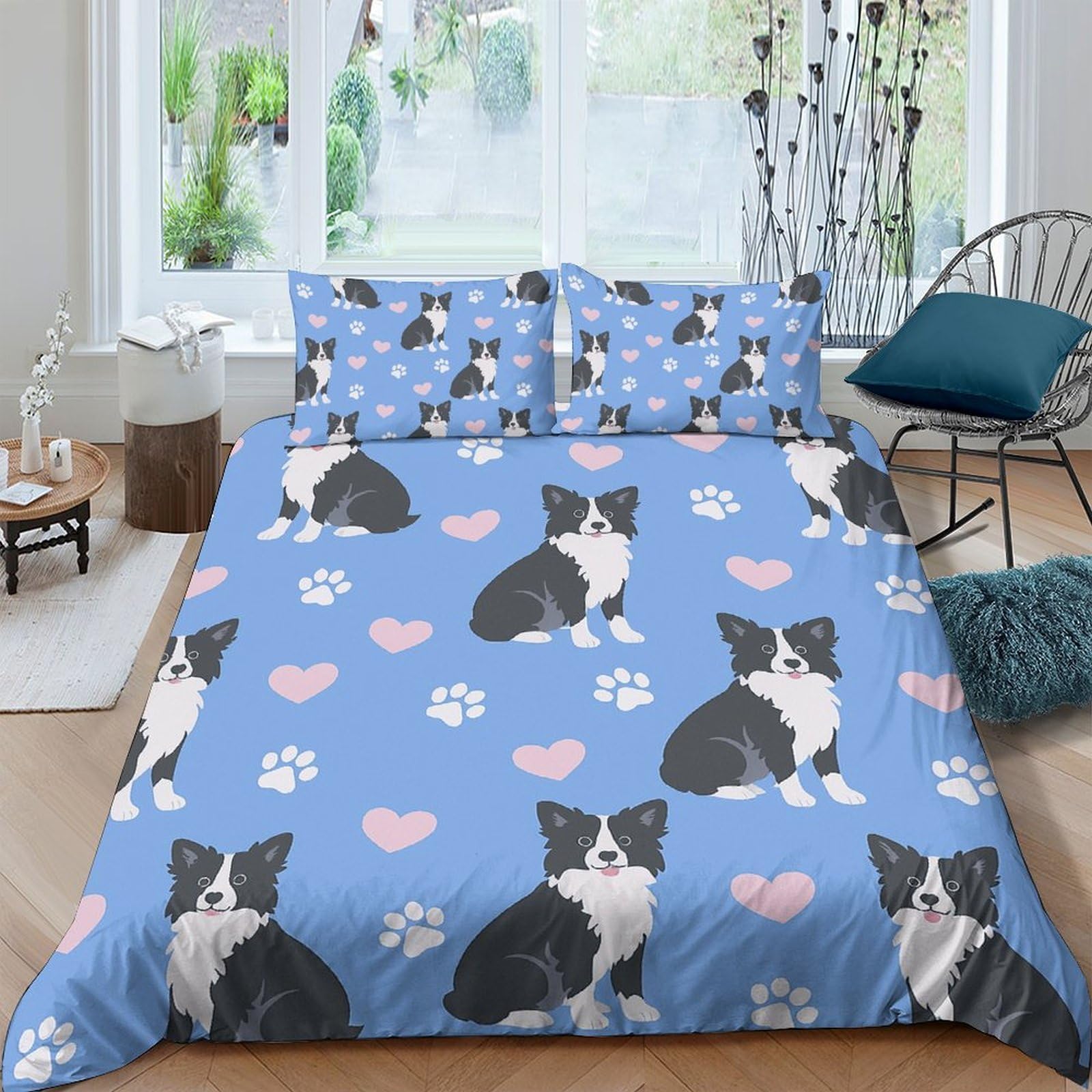 GPLZQXKJNH 3D Printed Cute Boston Terrier Duvet Cover Microfiber Soft Blue Heart Paw Bedding Set with 2 Pillowcases for Bedroom Decor Single（135x200cm）