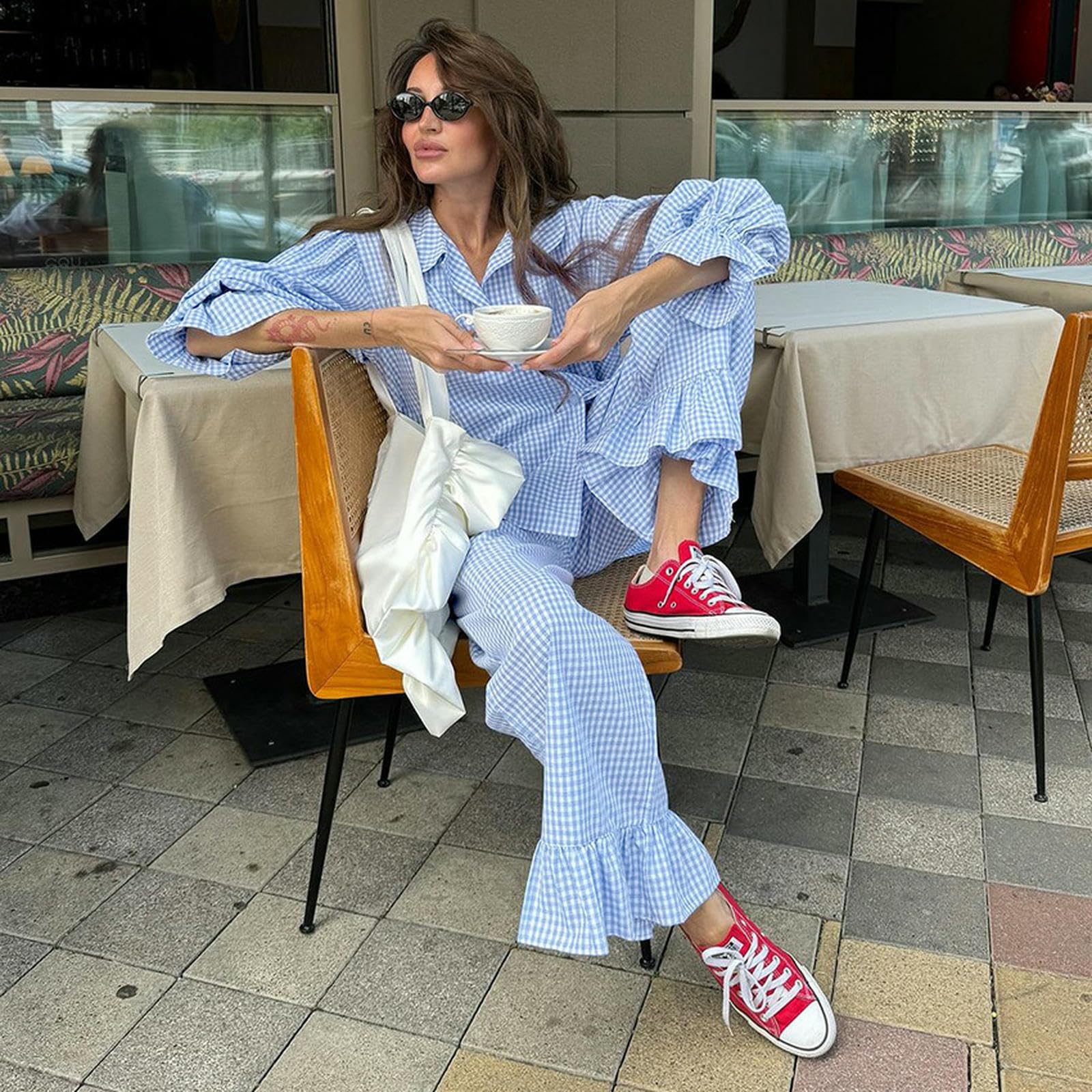 Pigiama da Donna Set di Abbigliamento Casa Donna, Comodo E Casual, può Uscire, Maniche Lunghe Pantaloni Lunghi, Pigiami Semplici-Blu-m