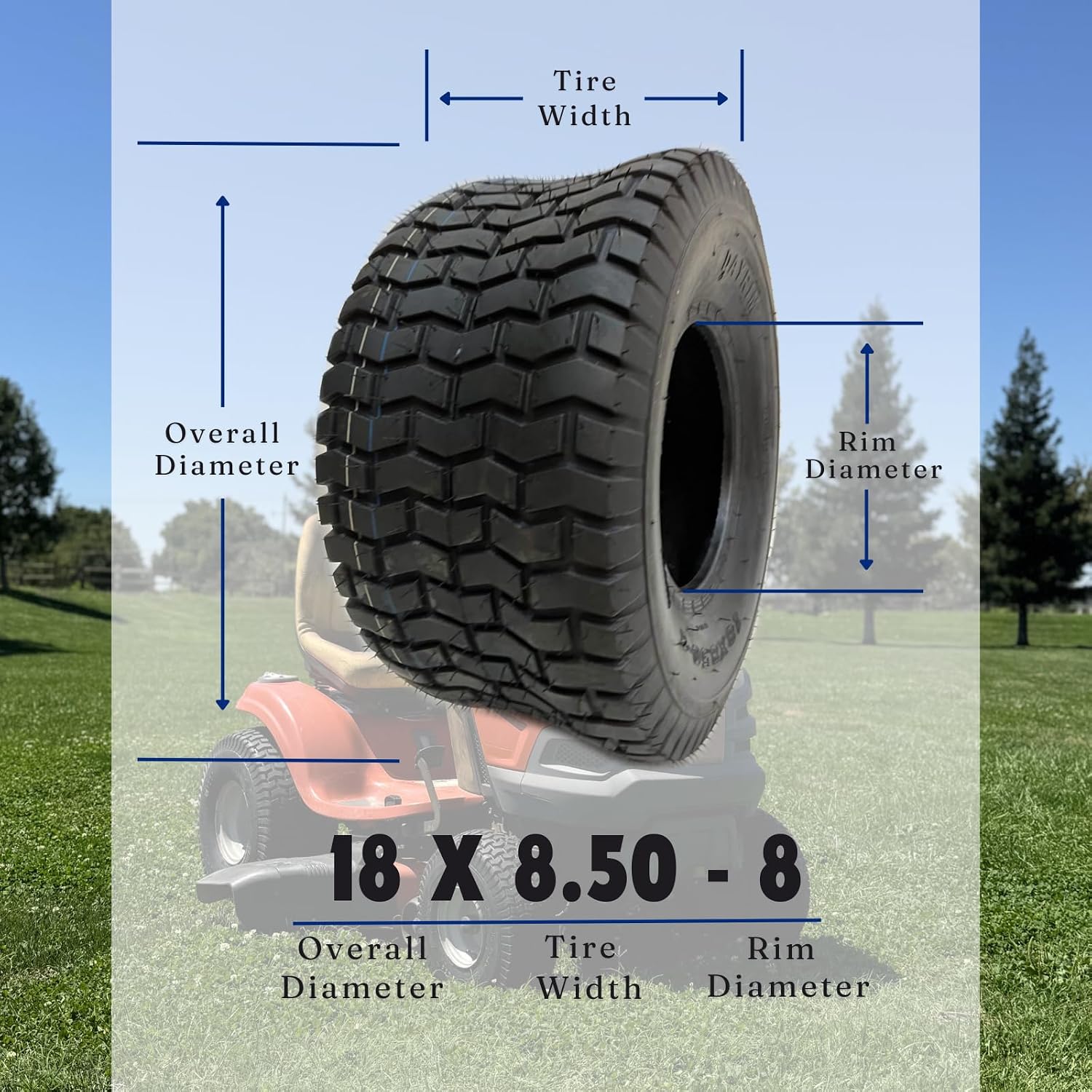 Dayrim 18x8.50-8 (2-Pack) Lawn Mower Turf Tires, V2 Tread Pattern, 4-Ply Tubeless Replacement Tires for Garden Tractors and Riding Mowers, Golf Cart Tires18X8.50-8)
