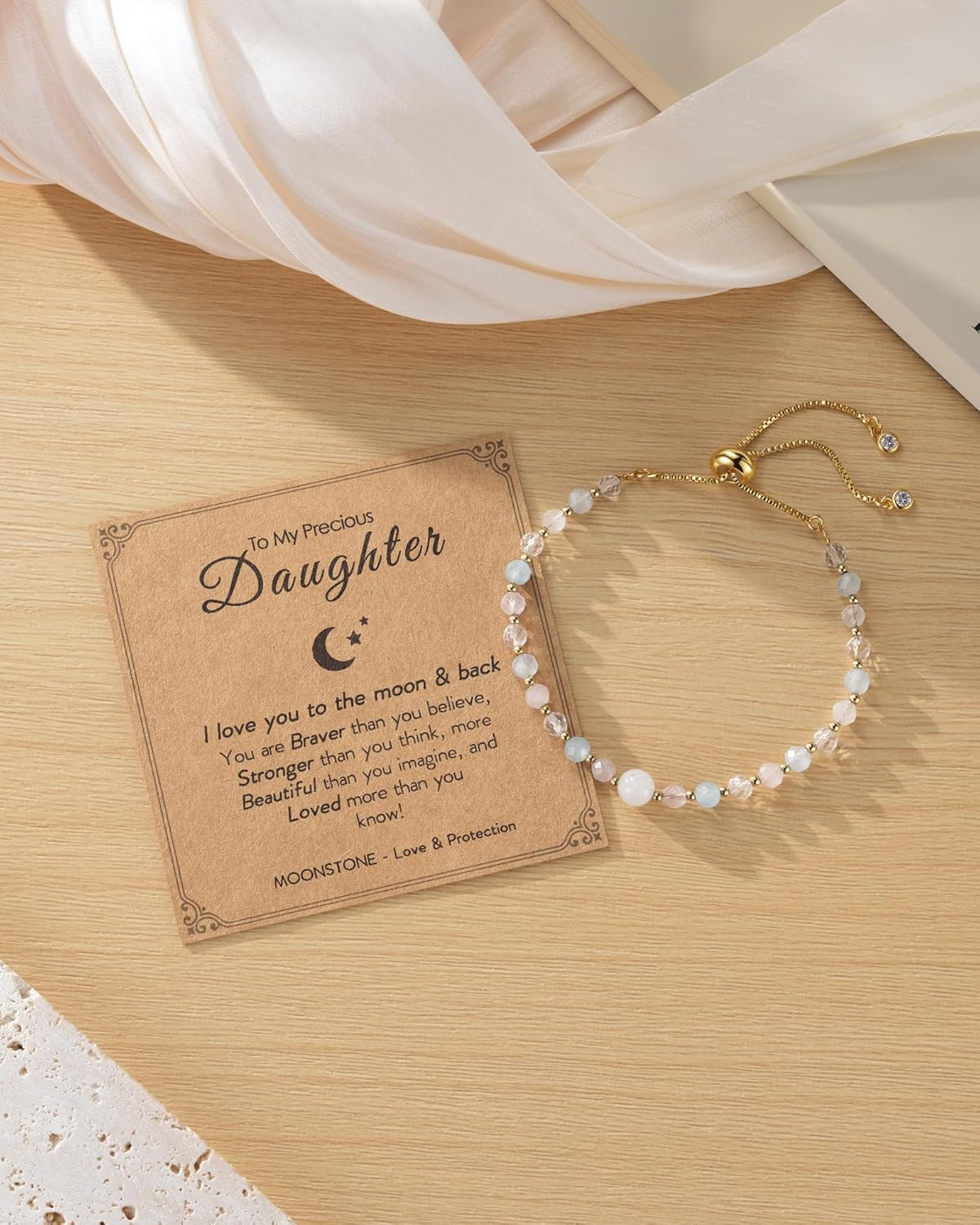 HGDEER Moonstone Trendy Bracelet Gift for Daughter Granddaughter Niece -Birthday Christmas Gift- 100% Natural Stone Adjustable Bracelet with Inspirational Card & Gift Pouch - Image 6