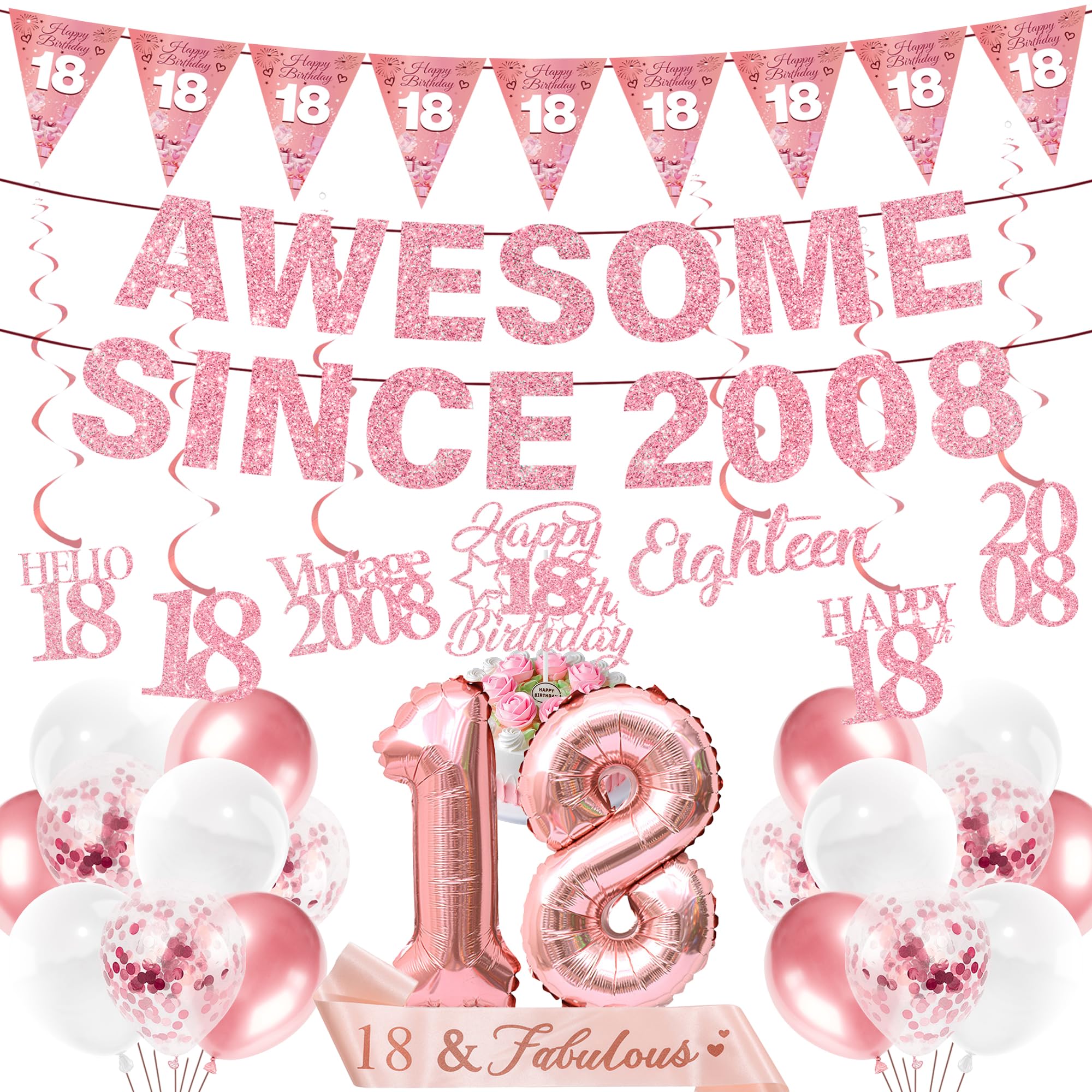 18th Birthday Decoration Girls Set - 31 Pcs Rose Gold Awesome Since 2008 Banner Pennant Number Balloons Sash Swirls Cake Topper Welcome To Adulting Decor For 18 Year Old Party Hello Eighteen Supplies