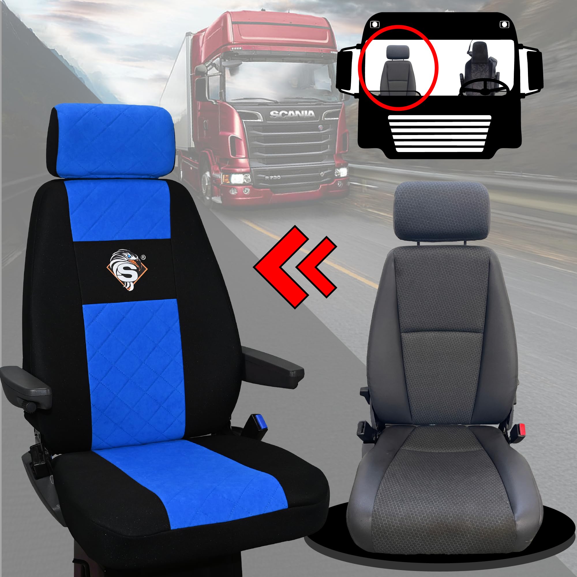 SABA Coprisedile Auto per Scania R-Reihe dal 2013, S-Reihe dal 2017 | Accessorio camion per protezione sedile Vari tipi di sedile, 1 cinghia, sedile conducente PREMIUM