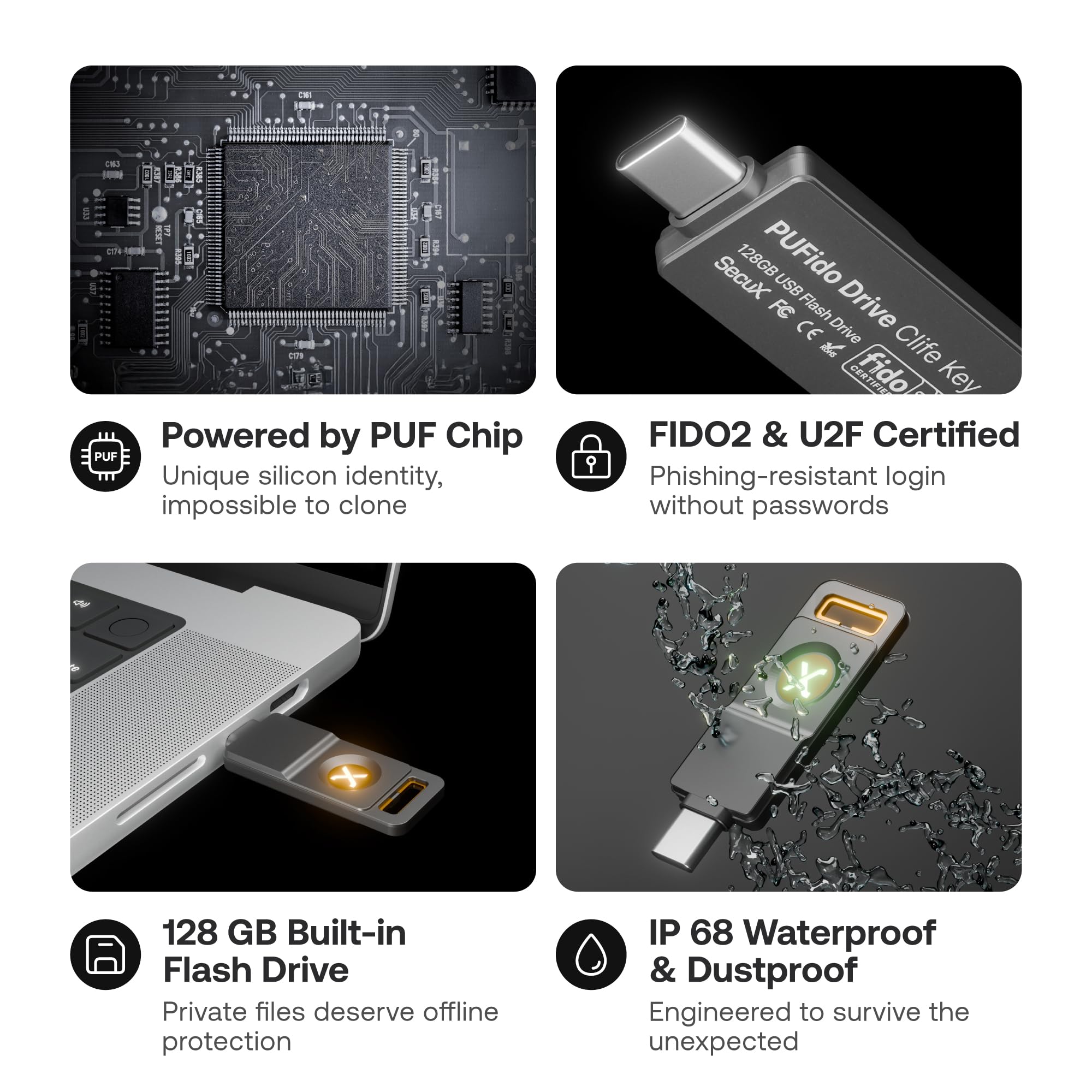 SecuX PUFido Drive Clife Key - Llave de seguridad USB C con tecnología PUF y unidad flash integrada, hardware certificado FIDO2 U2F, seguridad no clonable enraizada para inicio de sesión sin