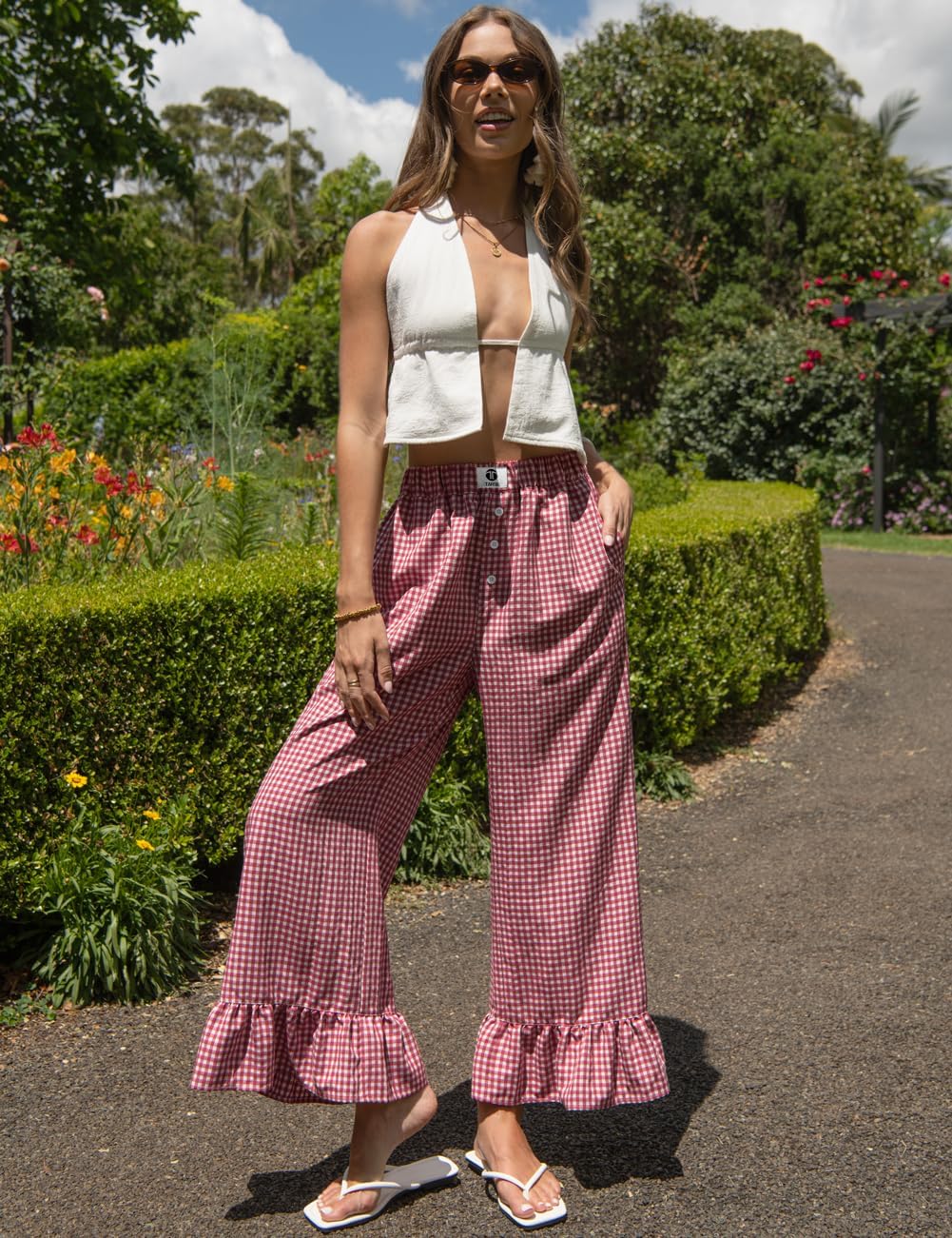 TARSE Women’s Plaid Wide Leg Pants Flared Leg Baggy Drawstring Ruffle Palazzo Pants with Pockets - Image 3