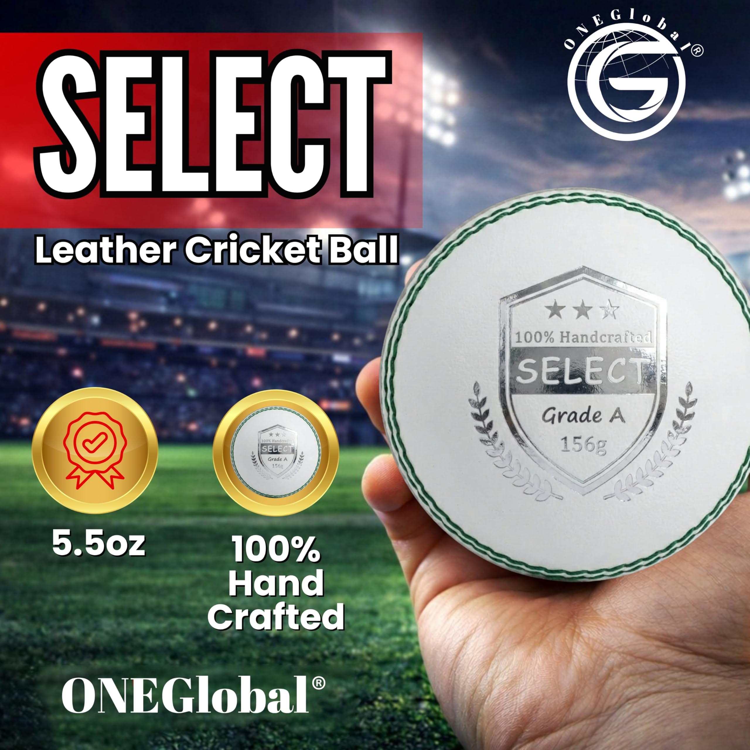 Select Leather Balle de cricket | 100 % fabriquée à la main, 156 g – 5,5 oz, construction en 4 pièces | Idéale pour T20, entraînement du filet, entraînement, etc.