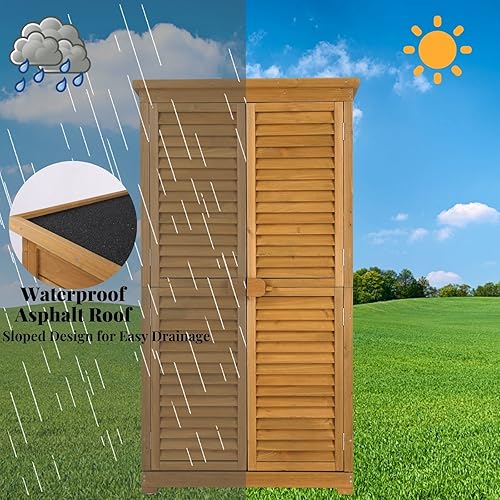 Miniatura 2 de Outvita Armario de almacenamiento para exteriores, cobertizo de madera de 63 pulgadas para herramientas de jardín con 2 puertas con cerradura, 3