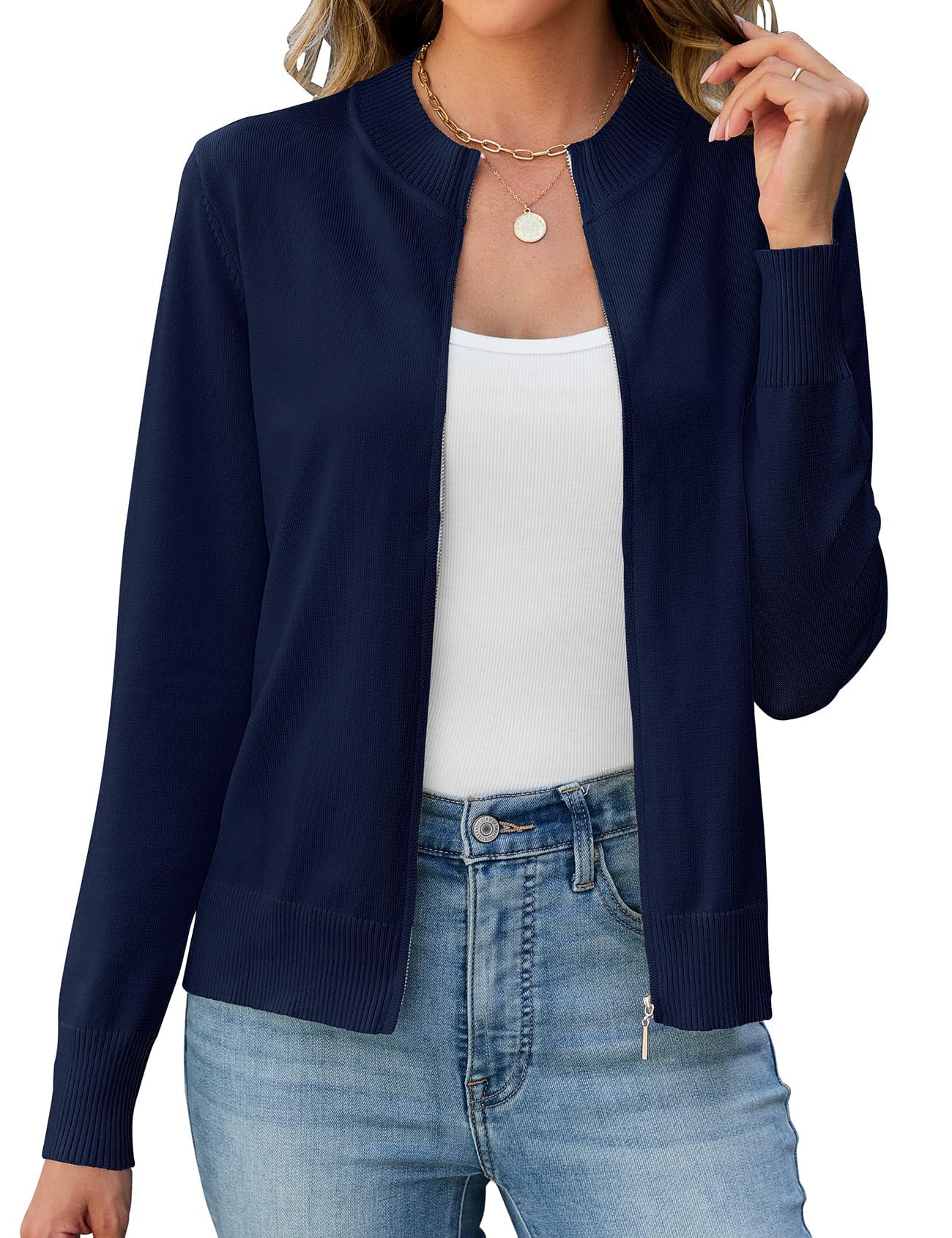 Enqoole Strickjacke Damen Kurz Langarm Reissverschluss Pullover Cardigan | Leichte Trachtenjacke mit Stehkragen, Baumwolle, Weiches Material, Eleganter & Vielseitiger, Geeignet für Büro und Freizeit