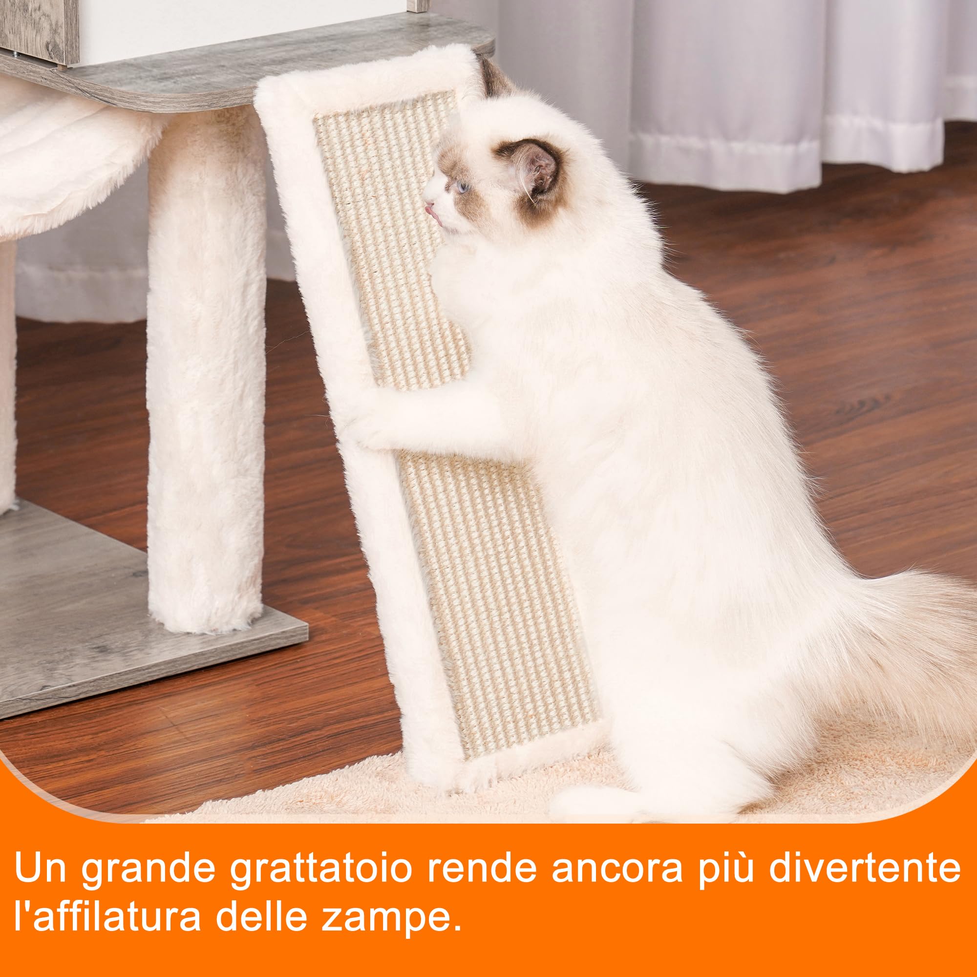 Heybly Albero per Gatti, Alto 156 cm Tiragraffi per Gatti Moderno, con 5 Pali Graffiatoi, 2 Posatoi, 1 Grotta, 1 Cesto, 1 Amaca, 3 Pompon, in Peluche a Più Livelli, Greige HCT120SG