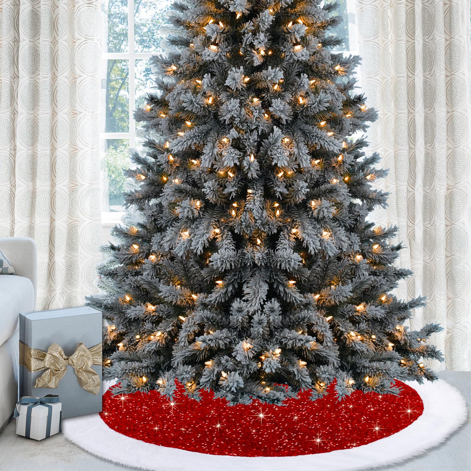 Dremisland Gonna per albero di Natale con paillettes, 91 cm, lussuosa gonna per albero di Natale in finta pelliccia, in velluto spesso, scintillante, decorazione per albero di Natale, vacanze,