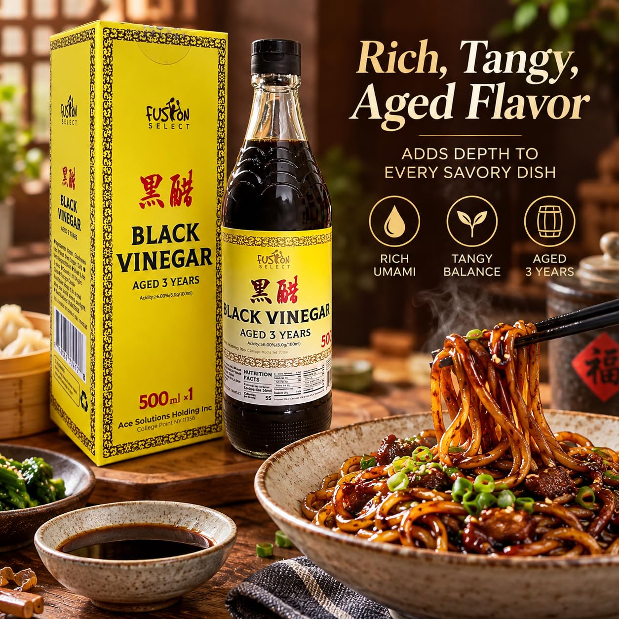 Fusion Select 500ml Chinese Black Vinegar Authentic Chinkiang Black Vinegar | for Cooking, Sauces, Dressings - Zero Artificial Color & Flavors - Aged for 3 years