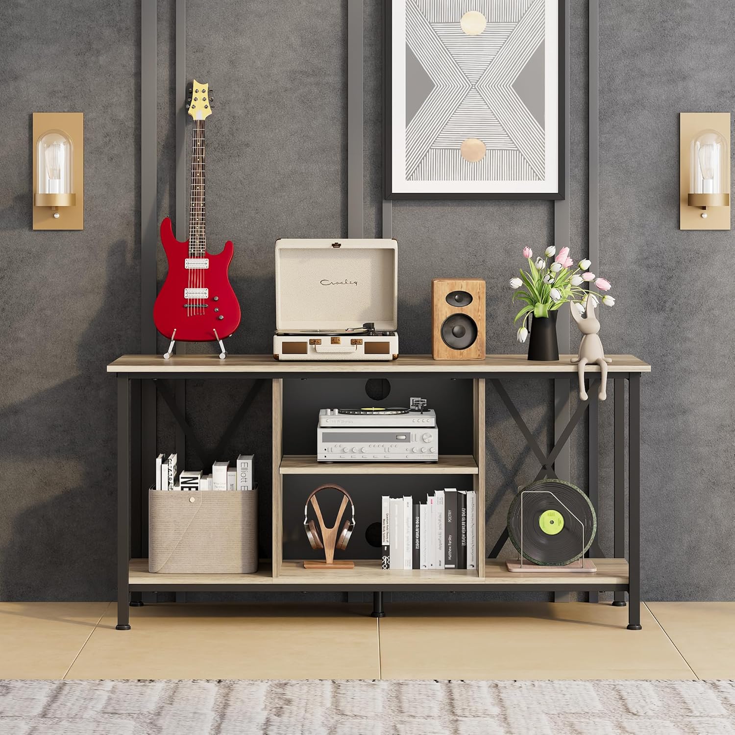 WLIVE Industrial TV Stand for up to 45 inch TV, Heavy-Duty Metal Frame Entertainment Center, Compact Media Console with Adjustable Shelf & Cable Management for Small Spaces, Living Room, Greige