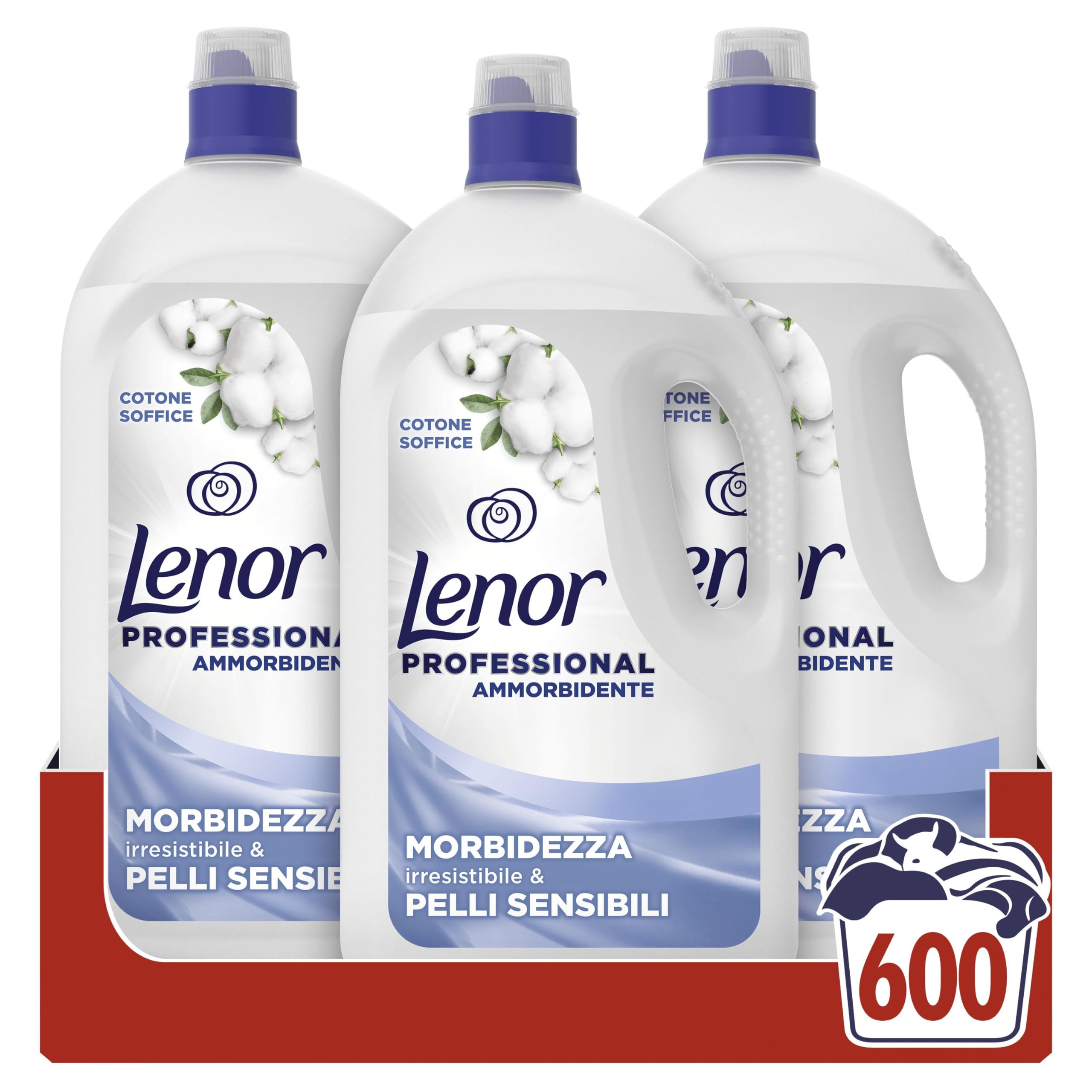 Lenor Professional Ammorbidente, 600 Lavaggi (200 x 3), 12L (4L x 3) Morbido Cotone, Morbidezza irresistibile per pelli sensibili, Per Uso Professionale
