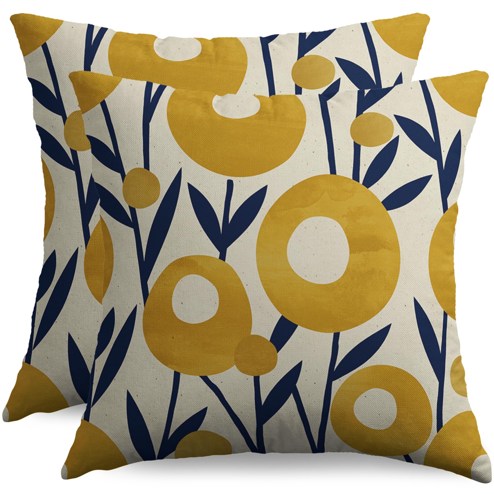 sorfbliss Navy Blue Yellow Floral Pillow Covers 20x20 Set of 2 Spring Boho Rustic Art Flower Decorative Throw Pillow Cases Outdoor Farmhouse Decor for