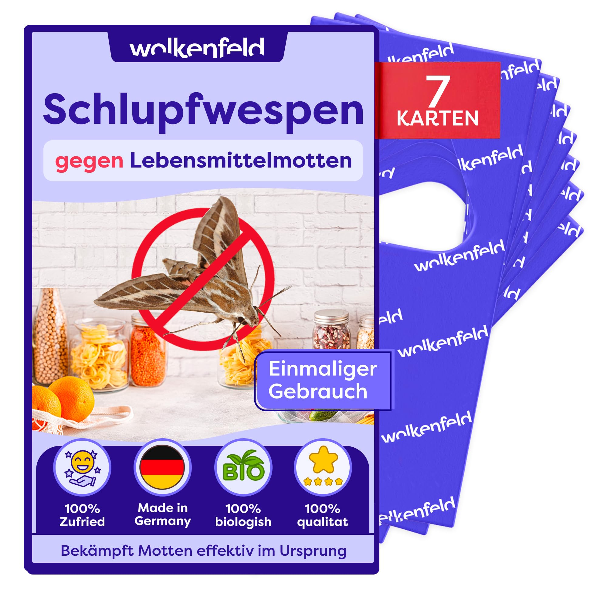Wolkenfeld Schlupfwespen gegen Lebensmittelmotten – 7 Karten mit 1 Lieferung – Effektive & Chemiefreie Mottenbekämpfung – Natürliche Alternative zu Mottenfallen, Sprays & Pheromonfallen