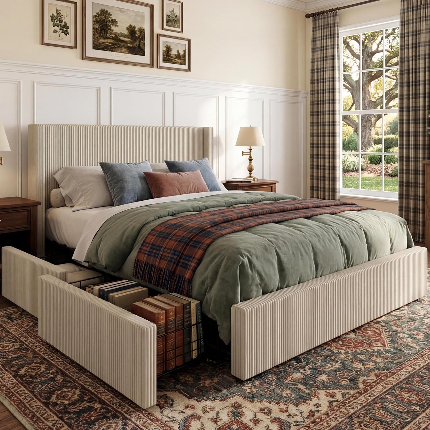 Garvee Bed Frame King Size with 4 Storage Drawer Bed Frame with Headboard and Corduroy Vertical Channel Tufted