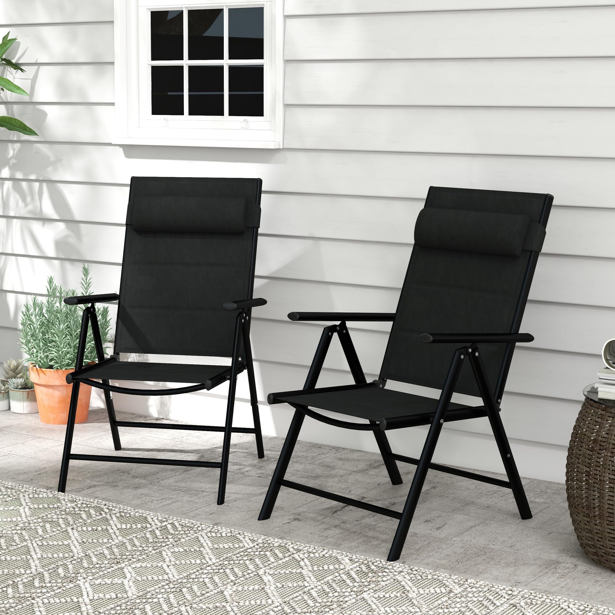 Outsunny Lot de 2 Chaises Pliantes Chaises de Jardin 54x67x108 cm Noir | Appui-Tête, Accoudoirs, Structure en Aluminium, Capacité 130 kg, Terrasse, Extérieur