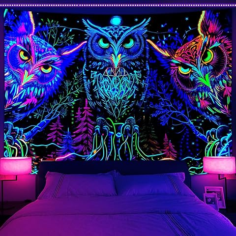 JAWO Blacklight Tapestry UV Reactive, Black Light Trippy Owl Forest Art Poster for Men Room Bedroom Decor, Psychedelic Moon Animal Glow in the Dark Blanket Party Decor 90X70 Inch