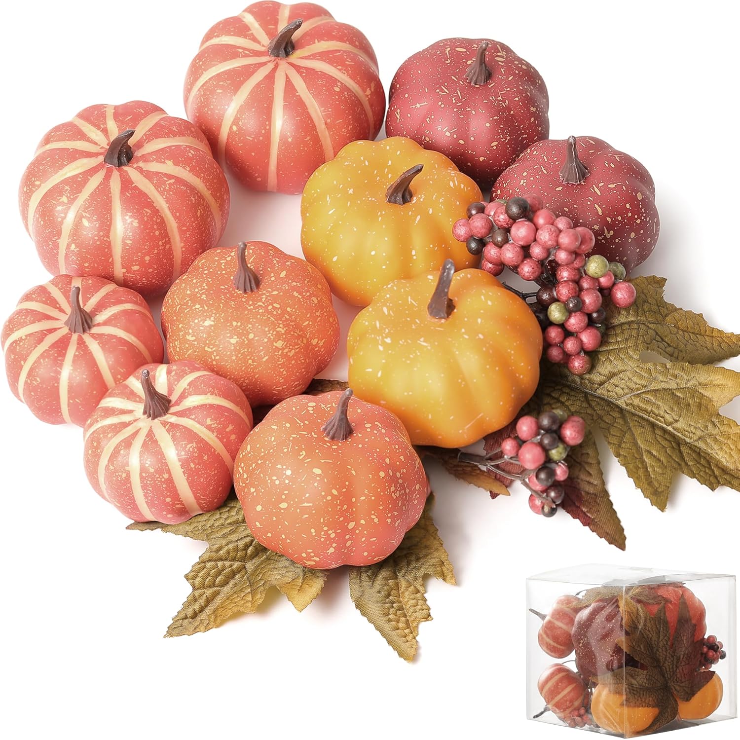( Of 2 pack)Artgar Pumpkin Decor - 15 PCS Pumpkins Harvest Decoration Set, Realistic Fake Pumpkins, Maple Leaves, Foam Berries for Festivals, Thanksgiving, Halloween, Tabletop, Fireplace, Fall Home Decor 15 Pcs Fall Color Set