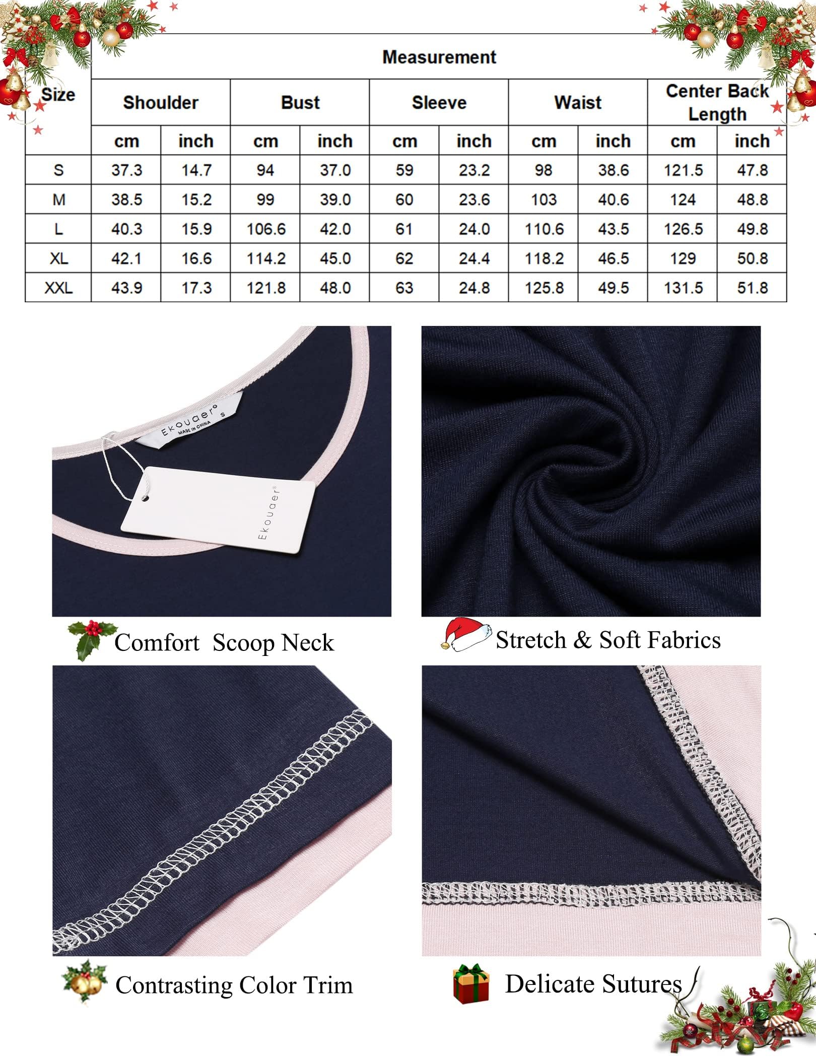 Ekouaer Camicia da Notte Donna Manica Lunga Girocollo Lungo da Notte Invernale Pigiama Comodo Ampio Sexy Camicie Tinta Unita Abbigliamentoda Casa S-XXL