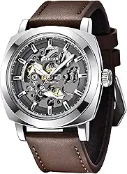 Benyar Relógios masculinos automáticos, pulseira de couro, esqueletizado, mecânico, mostrador de 45 mm, 30 m à prova d'água, presente elegante masculino