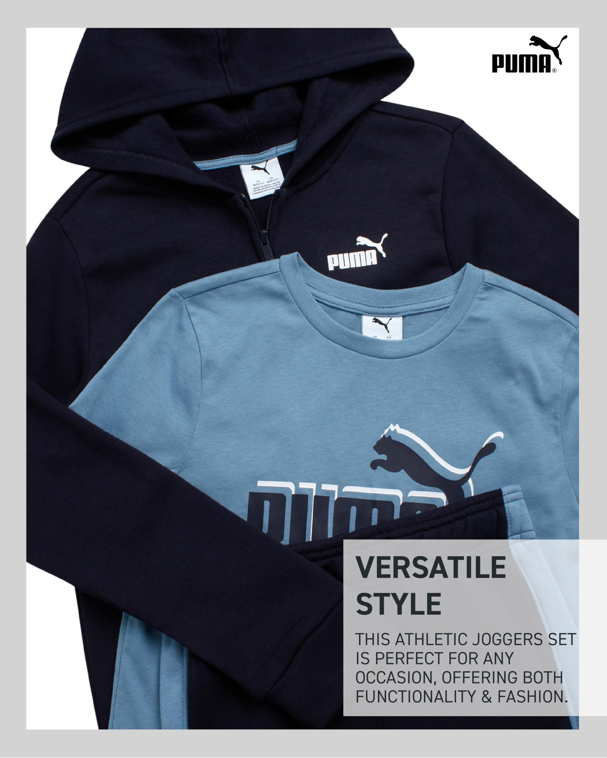 PUMA Jungen-Sweatanzug-Set – 3-teiliges Kapuzenpulli mit Reißverschluss, grafisches T-Shirt und athletische Fleece-Jogginghose für Jungen (8–16)