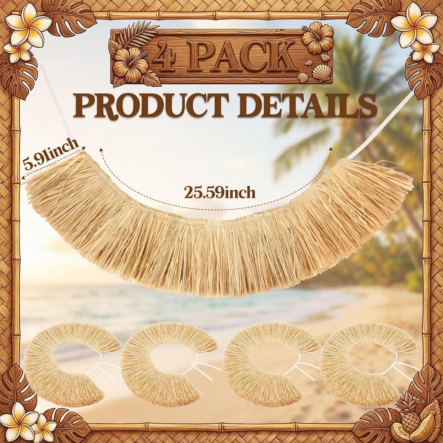 Shihanee 4 Pcs Hawaiian Hula Grass Skirt Handmade Tahitian Dance Raffia Hip or Hip Belt with 2 Layers of Raffia Adult Girls Costume Dancers Party Supplies