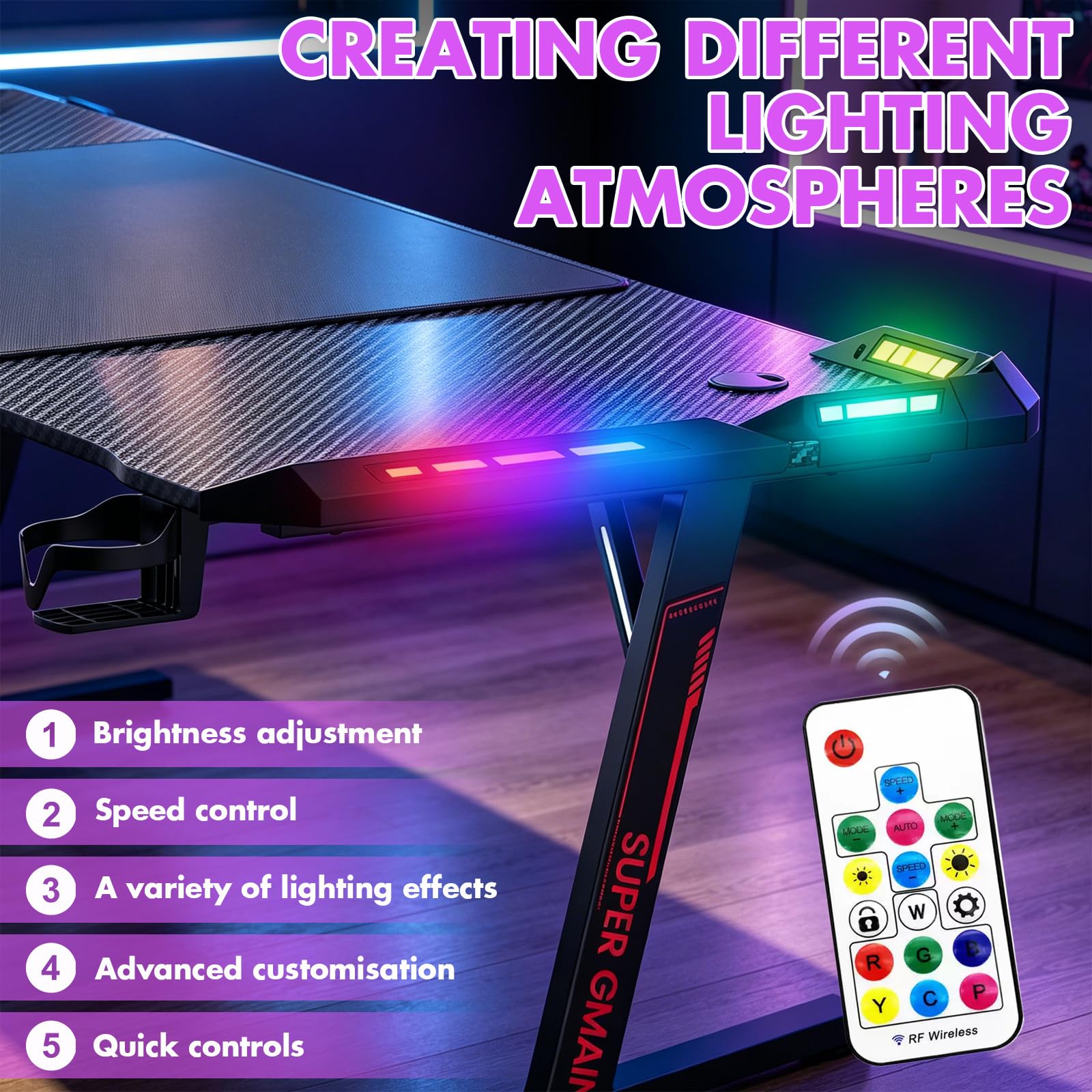 Verdego Gaming Tisch mit LED Beleuchtung, Gaming Schreibtisch 160x60CM | Computertisch Ergonomisch mit Getränkehalter, Kopfhörerhalter, Kohlefaseroberfläche, PC Tisch für Streaming, Schwarz