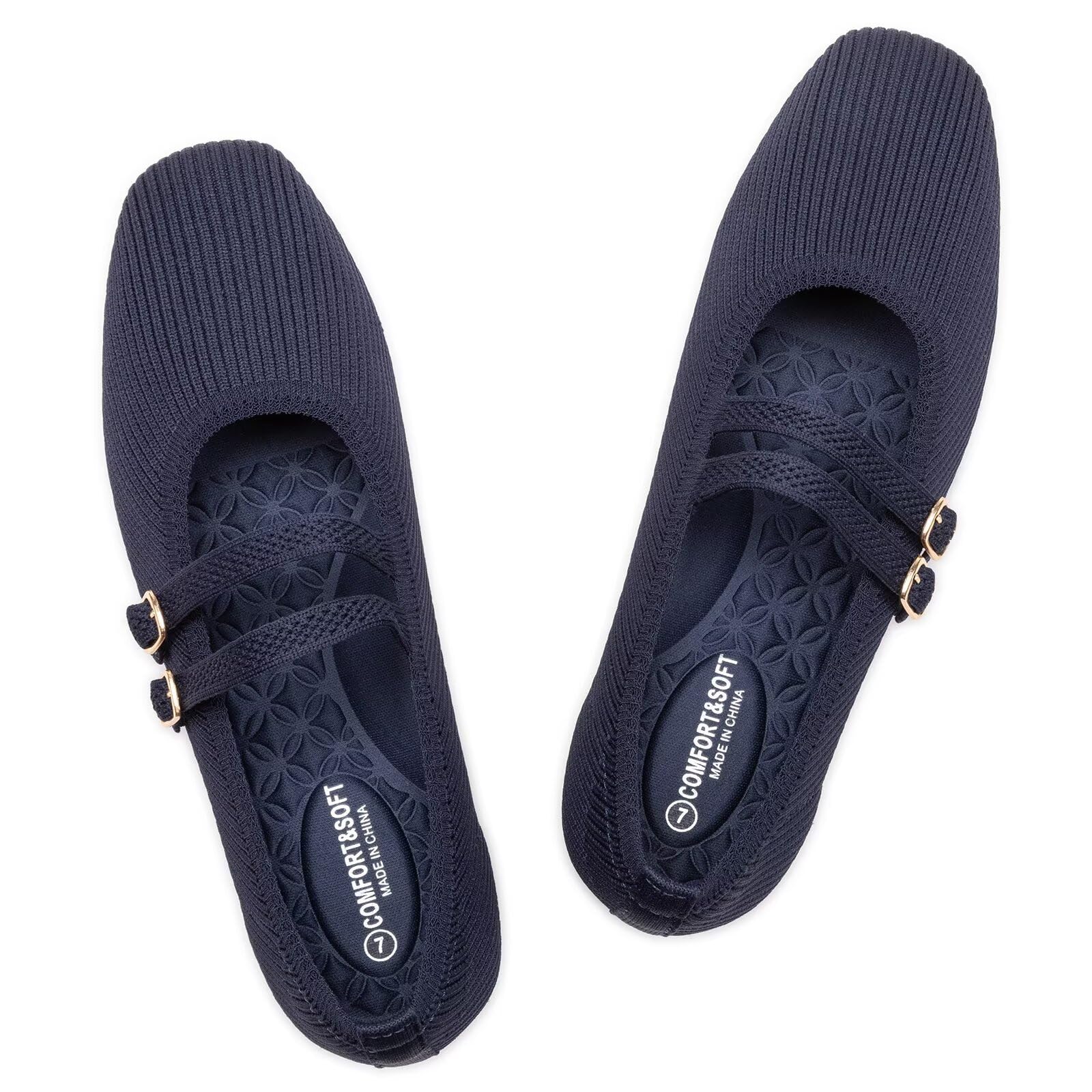 Frank Mully Women's Flats Square Toe Mary Jane Shoes Ballet Flats with Strap Comfortable Slip On Knit Shoes Dressy Casual