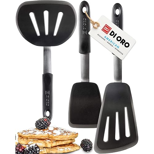 DI ORO Silicone Turner Spatula Set - Kitchen Spatulas for Nonstick Cookware - Flexible & Thin Flippers for Turning Eggs & Pancakes - 600°F Heat-Resistant & BPA Free Cooking Utensils (3pc, Black)