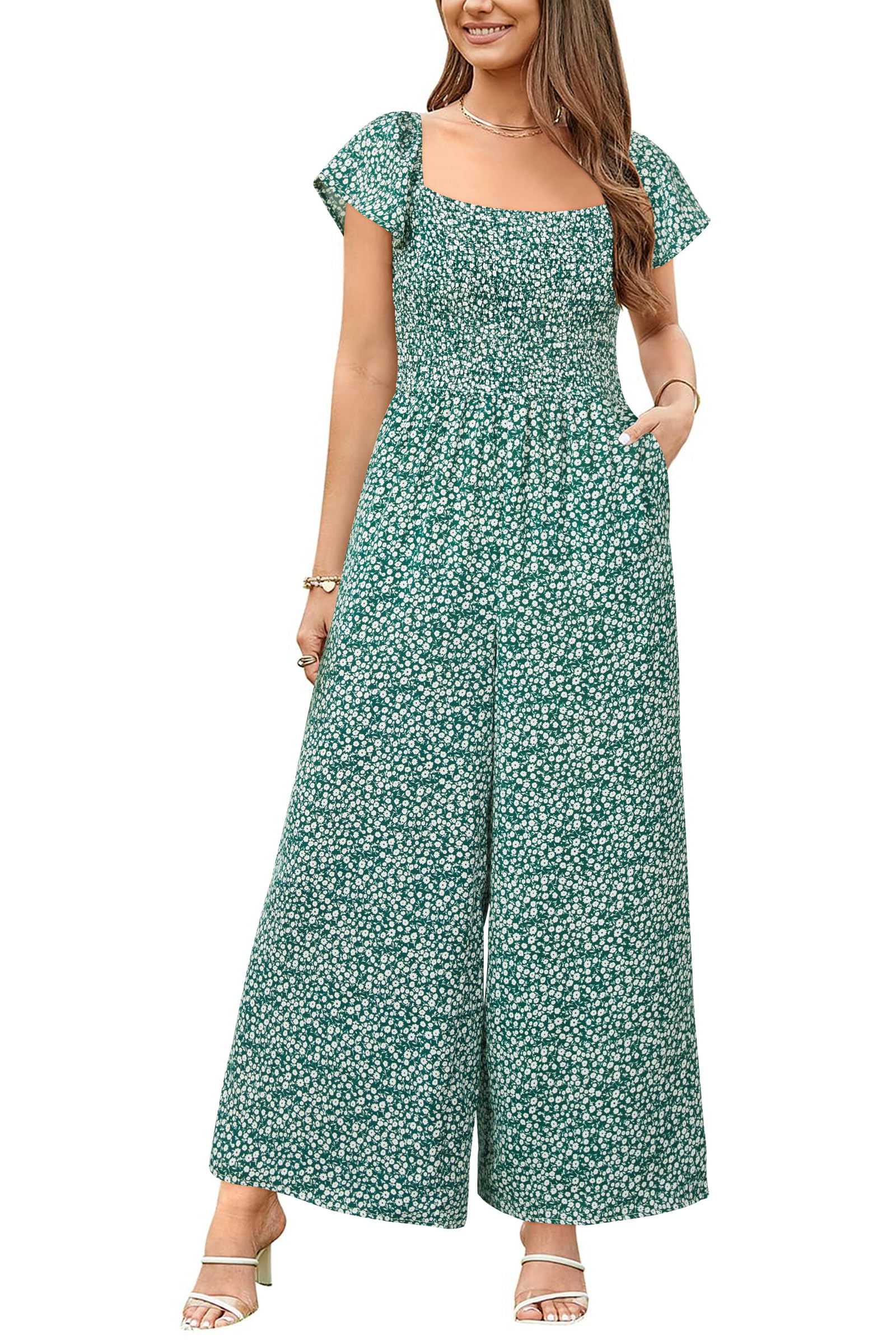 VOTEPRETTY Jumpsuit Damen Elegant Sommer Kurzarm Quadratisch