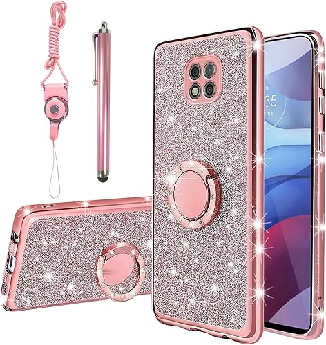KuDiNi Moto g Power 2021 - Funda protectora de TPU transparente suave con purpurina y correa de pie (rosa brillante)