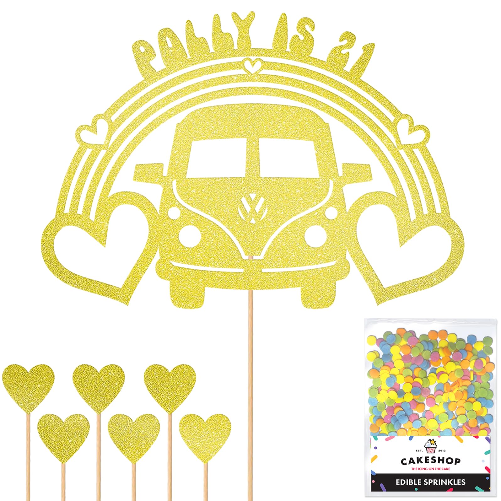 Personalised 60's Camper Van Glitter Cake Topper- Champagne Any Custom Age & Name Glitter Cake Decoration and Sprinkles - Happy Birthday Decorations - Personalised Toppers for Cakes by Cakeshop — image 1