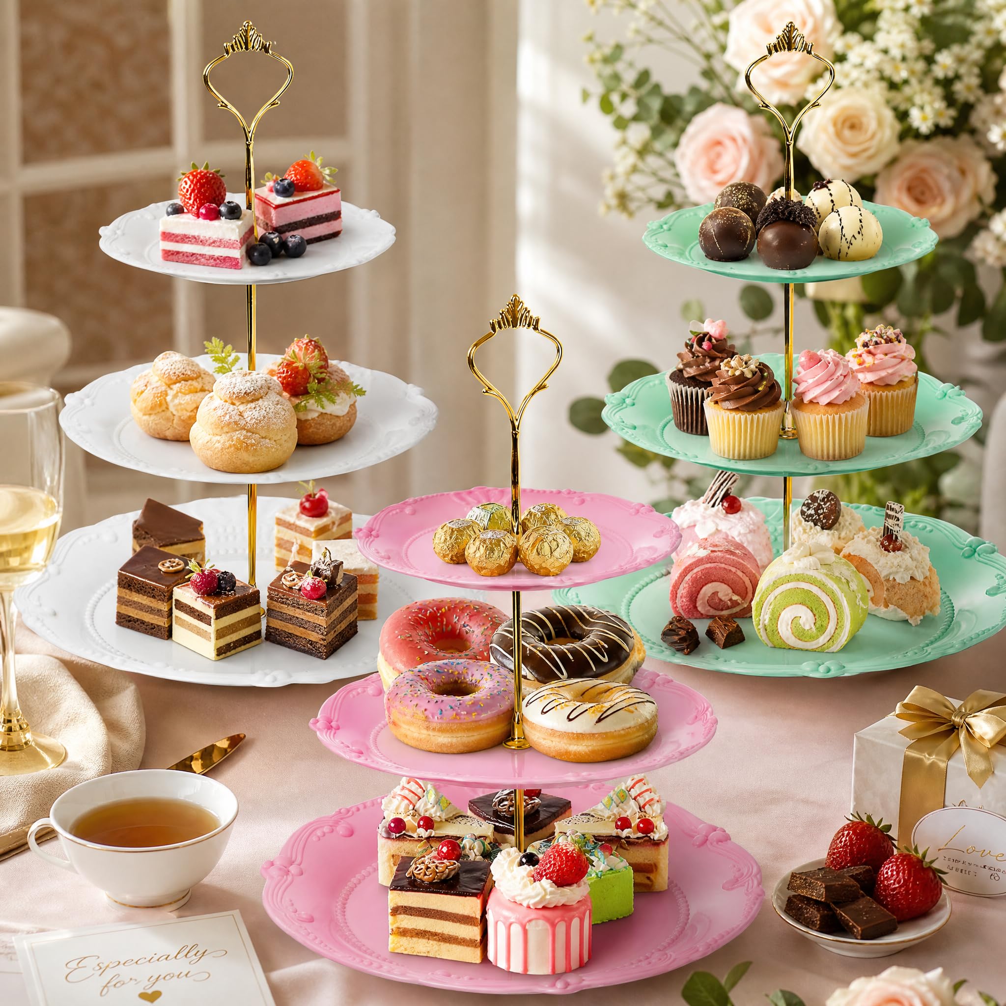 Fasmov 3-poziomowy plastikowy stojak na babeczki, talerze deserowe, ciasto, owoce, cukierki, wieża ekspozycyjna, wielokrotnego użytku, na ślub, urodziny, baby shower, herbatę, dekoracje imprezowe,