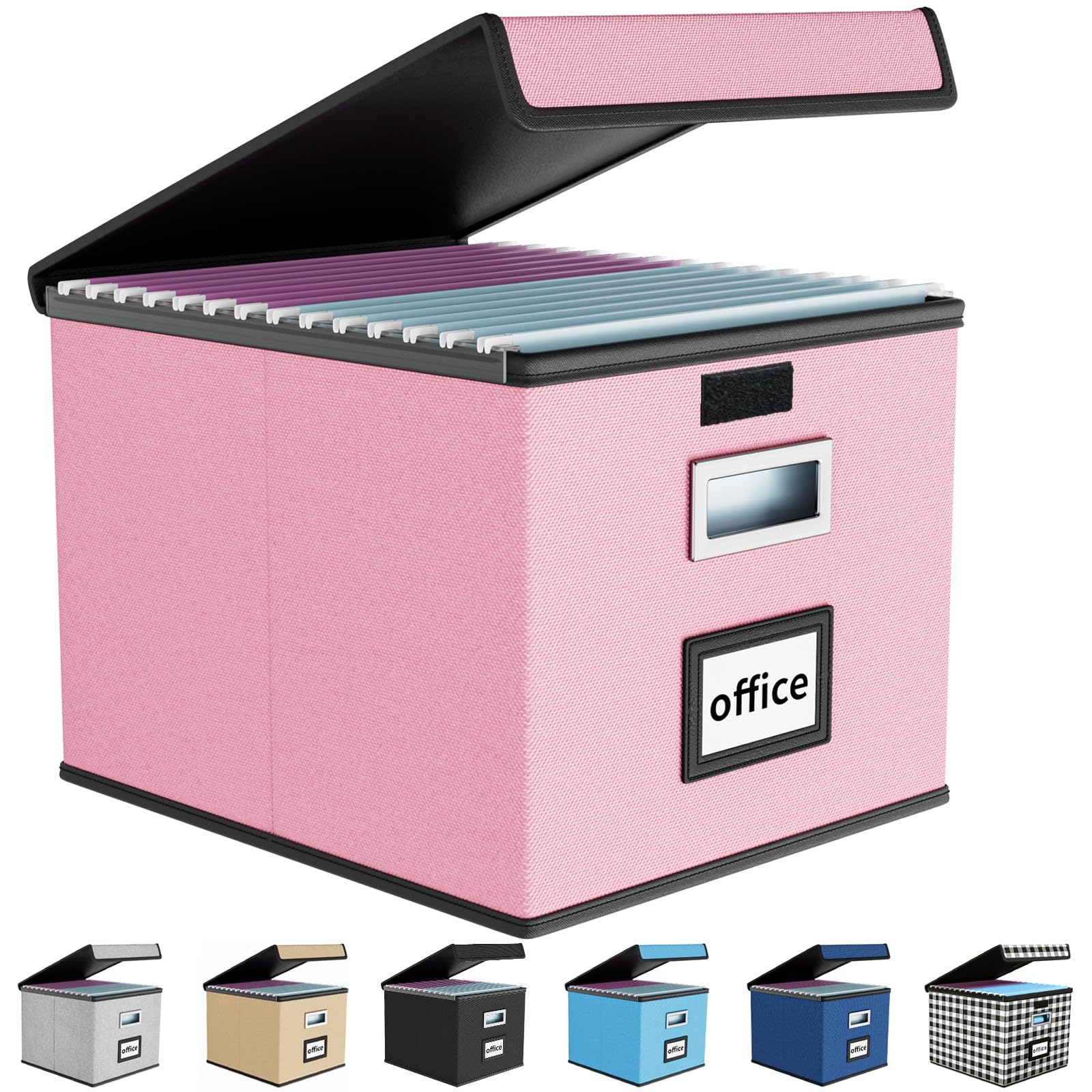 Huolewa File Organizer Box with Lid, Collapsible File Folder Organizer for Office Document Storage, Filing Box with Plastic Slide for Letter Size Hanging File Folders(1 Pack, Pink)