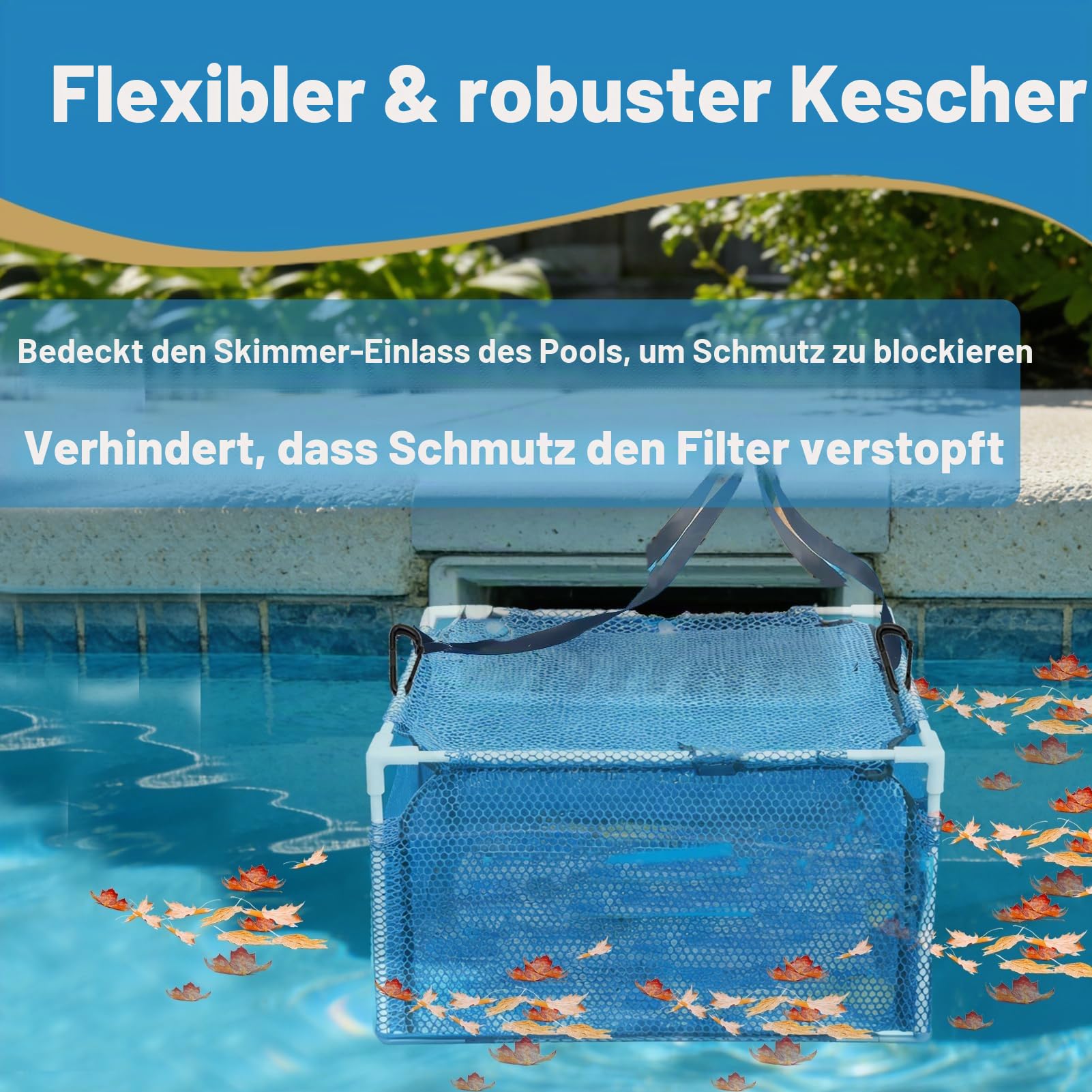 Schwimmbad-Schmutzfilter, Schwimmender Skimmer, Stabiler Pool-Laubkescher, Oberflächen-Schmutzfänger, Ganzjahrespool-Laubfänger, Blau