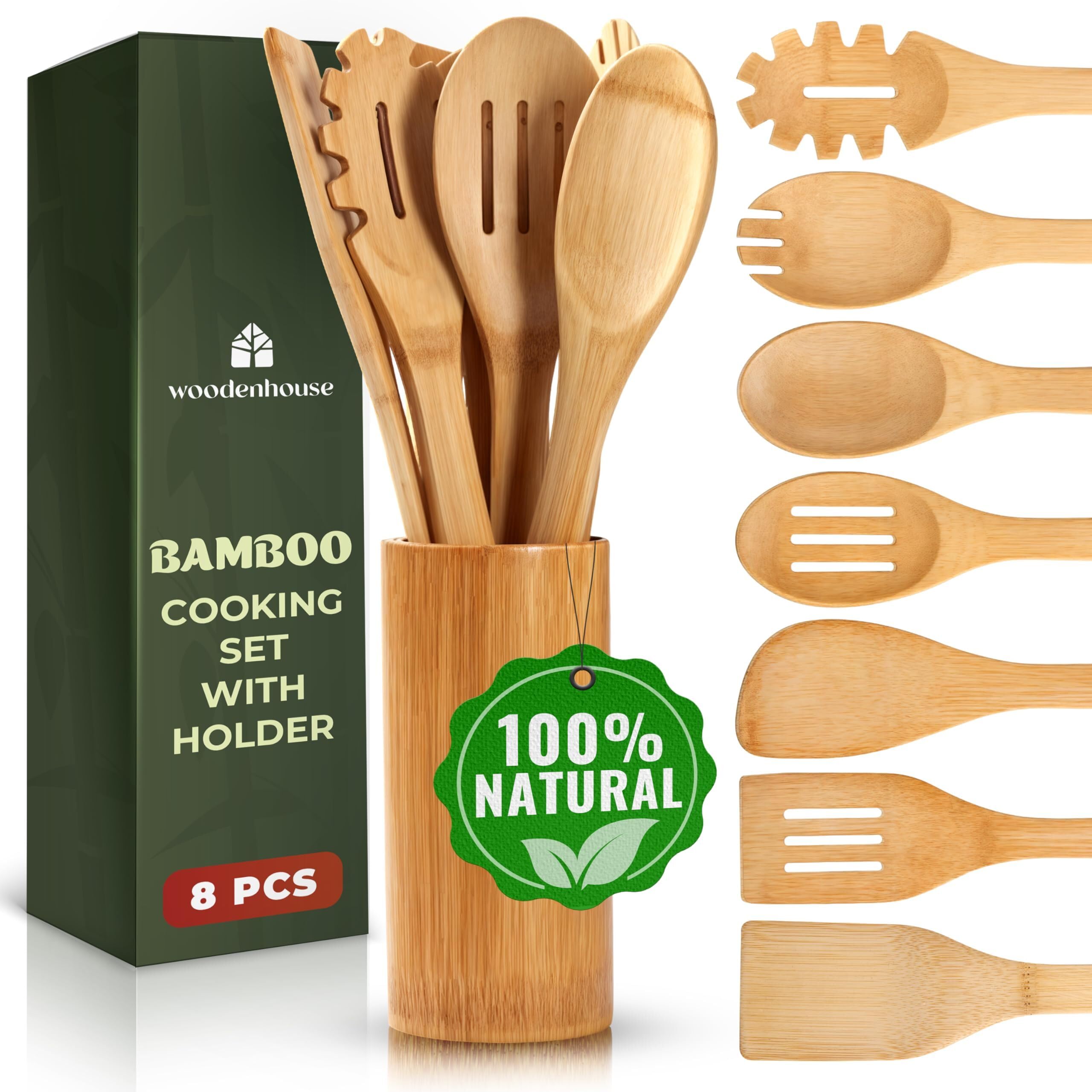 Cucharas de madera de bambú para cocinar 7 piezas con soporte, utensilios de cocina de madera + soporte para antiadherente, juego de utensilios de madera, fácil de limpiar, resistente, ligero y
