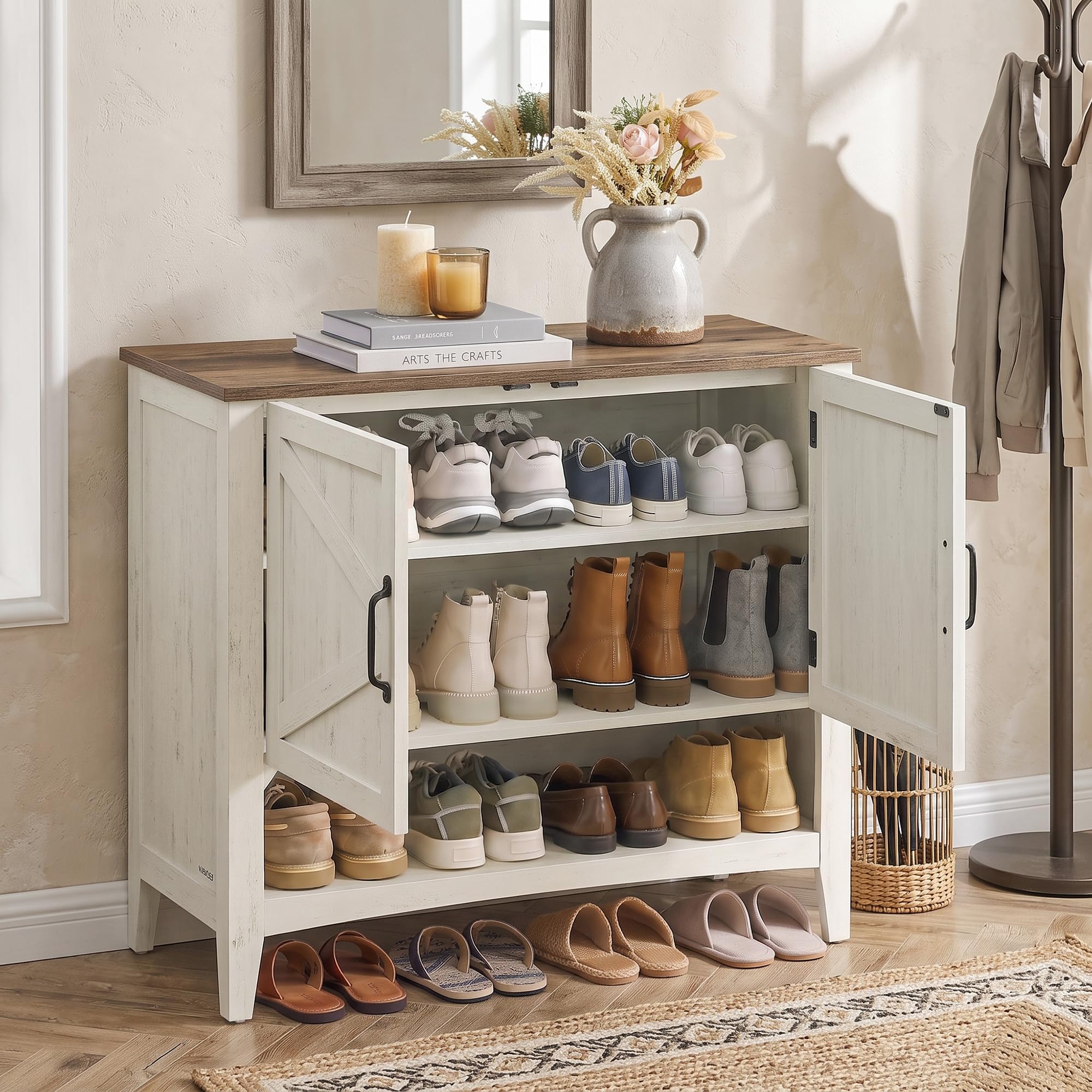 VASAGLE Shoe Storage Cabinet, 3‑Tier with Height‑Adjustable Shelves