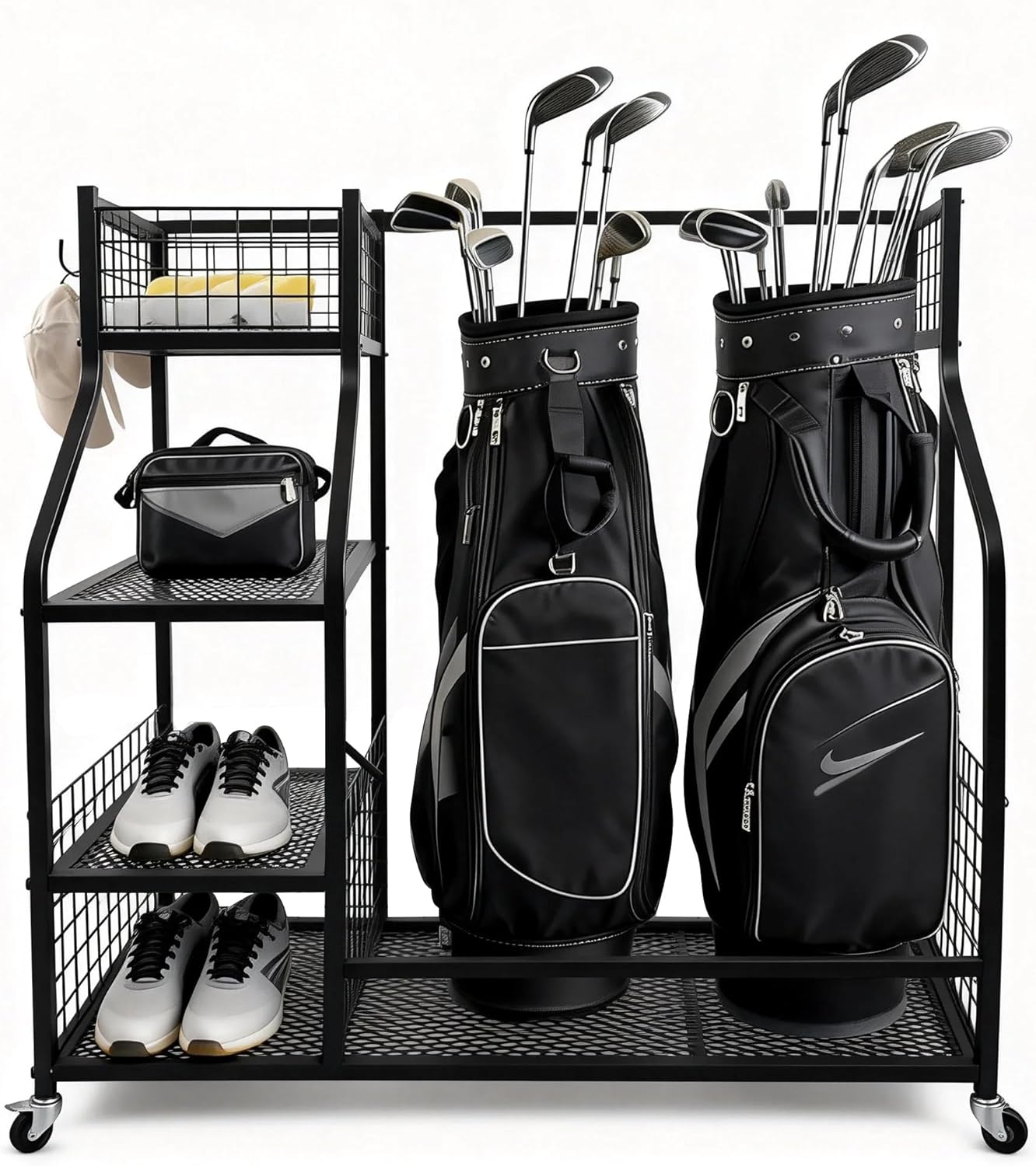 hanmir Sports Equipment Organizer, Golf Ball Storage Rack & Golf Bag Holder for Garage, with Storage Basket and Hooks, Indoor Outdoor Toy Ball Organizer for Golf Clubs, Basketball, Toys