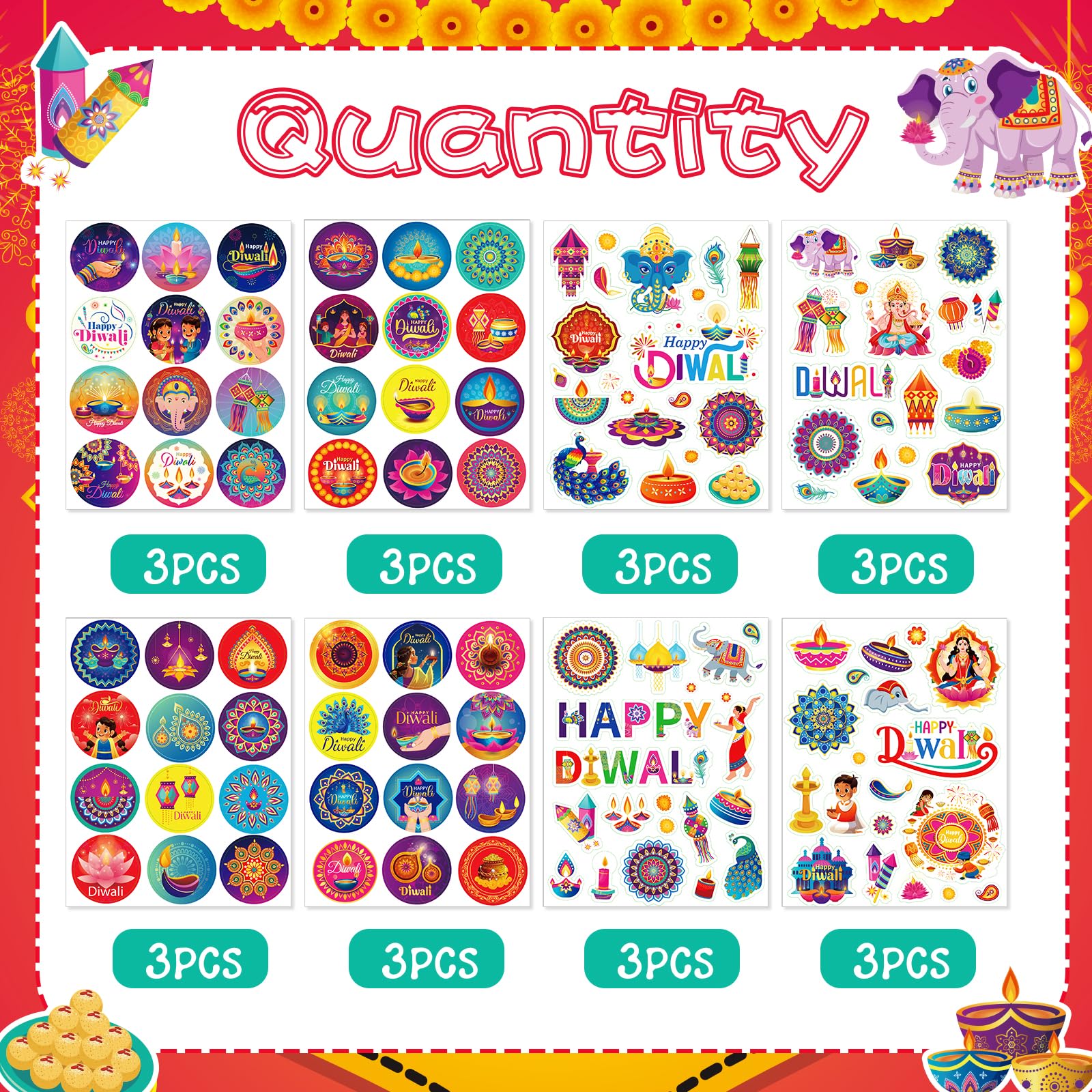 HOWAF 24 Sheets Happy Diwali Stickers 330+ Diwali Diyas Rangoli Stickers Labels Crafts for Kids Gifts Box Gift Cards Gift Stickers Party Favors Happy Diwali Decorations Indian Decorations - Image 3