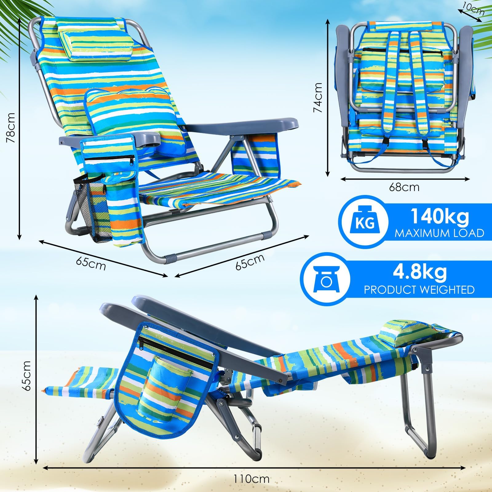 LIFERUN Strandstuhl Klappbar,2er Set,mit Verstellbare Rückenlehne,Grün | Rucksackfunktion, 4-stufig Verstellbar, mit Kühlfach, Kopfstütze, Lendenkissen & Atmungsaktivem Oxford-Gewebe für Outdoor