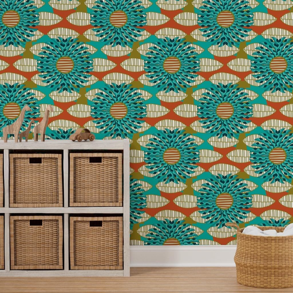 Peel & Stick Wallpaper 3ft x 2ft - African Leaf Mandala Print Turquoise Red Leaves Large Art Abstract Floral Nature Botanical Ethnic Custom Removable Wallpaper by Spoonflower