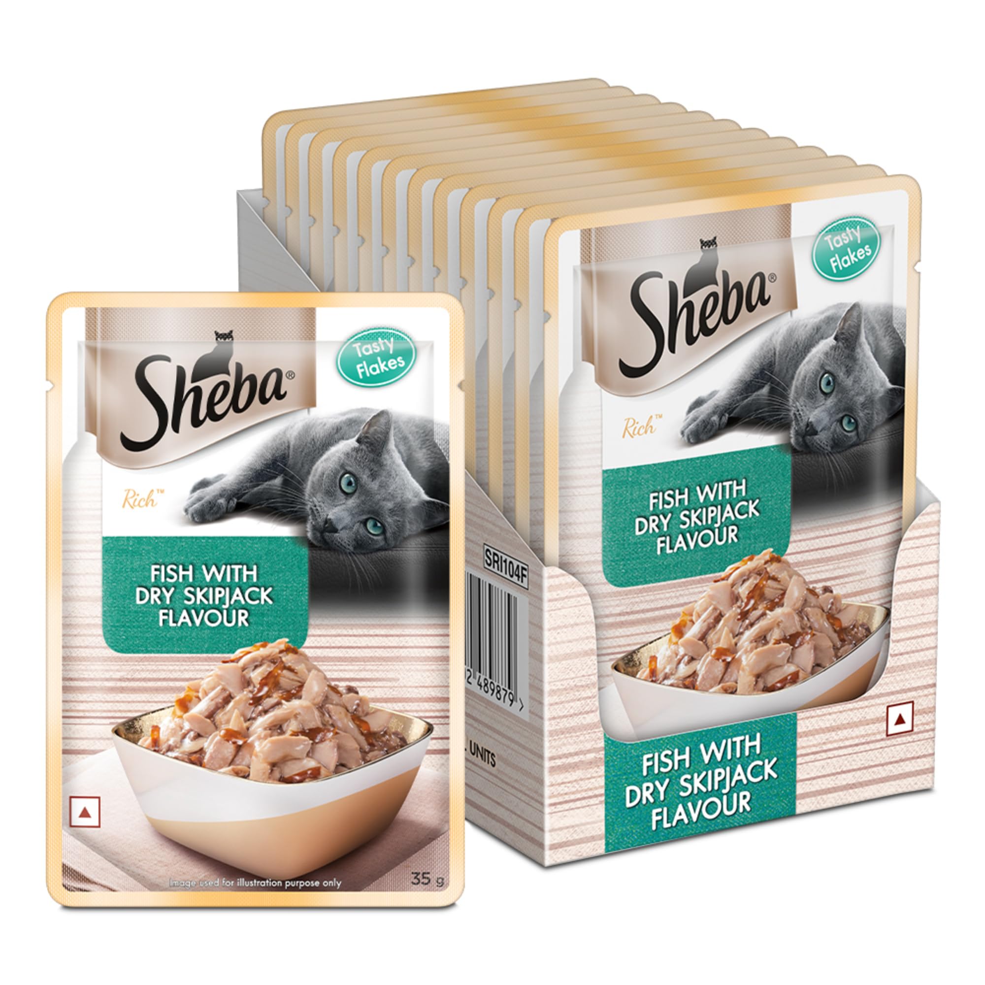 Sheba Rich Premium Adult (1+ Years) Wet Cat Food, Fish with Dry Bonito Flavour, 35 g Pouch (Pack of 12), High-moisture wet food for healthy hydration