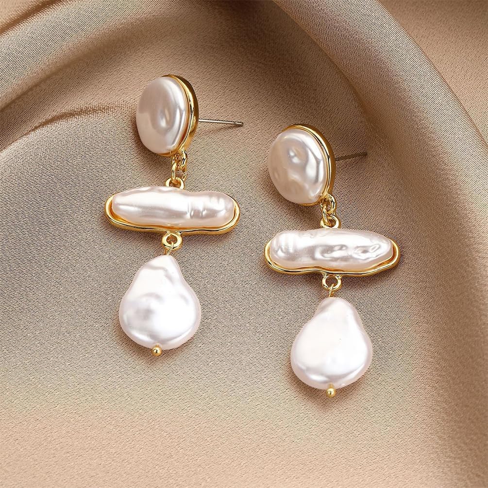 Chunky Gold Irregular Large Pearl Drop Dangle Earrings Statement Boho Big Baroque Pearls Dangling Earring for Women Dainty Prom Party Vacation Jewelry - Image 5