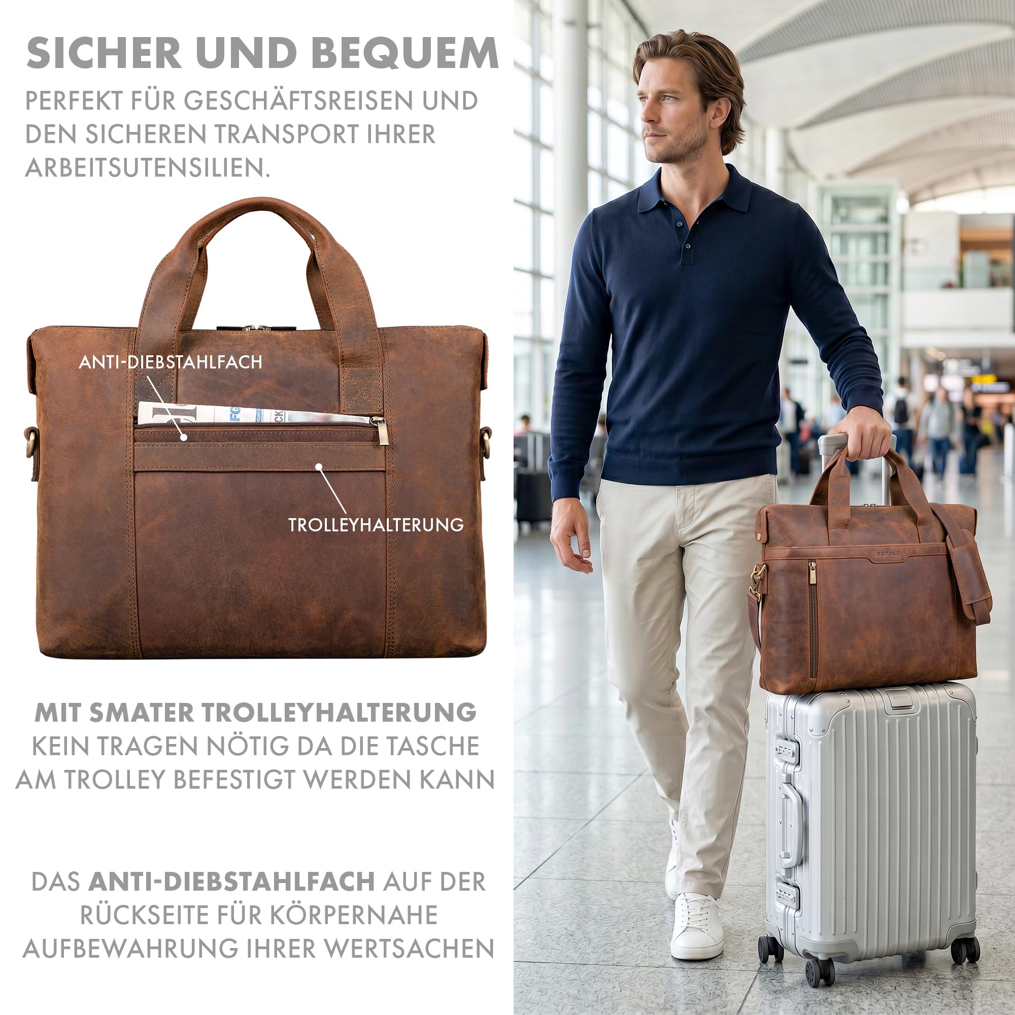 ROYALZ 'Seattle' Moderne Ledertasche Herren aus Echtleder groß - ideal als Business Aktentasche flache Laptoptasche 14-15.6 Zoll zum Reisen mit Trolley Halter;Farbe:Roma Cognac Braun