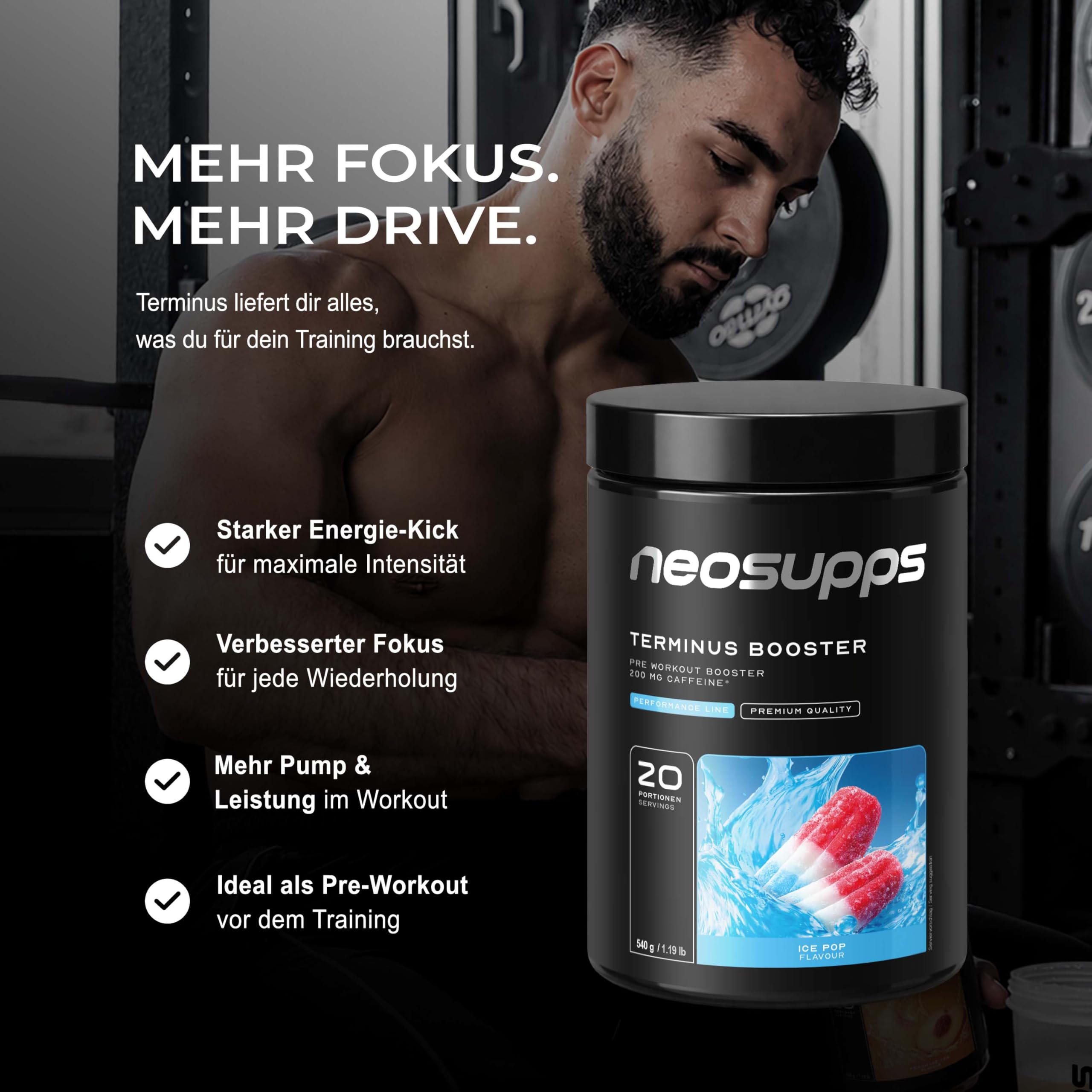 NEOSUPPS Pre Workout Booster Terminus XXL Ice Pop 540g, Fitness & Gym, Pre Workout Booster vegan, Pump & Fokus, geprüfte Qualität, 8.000 mg L-Citrullin, 20 Portionen