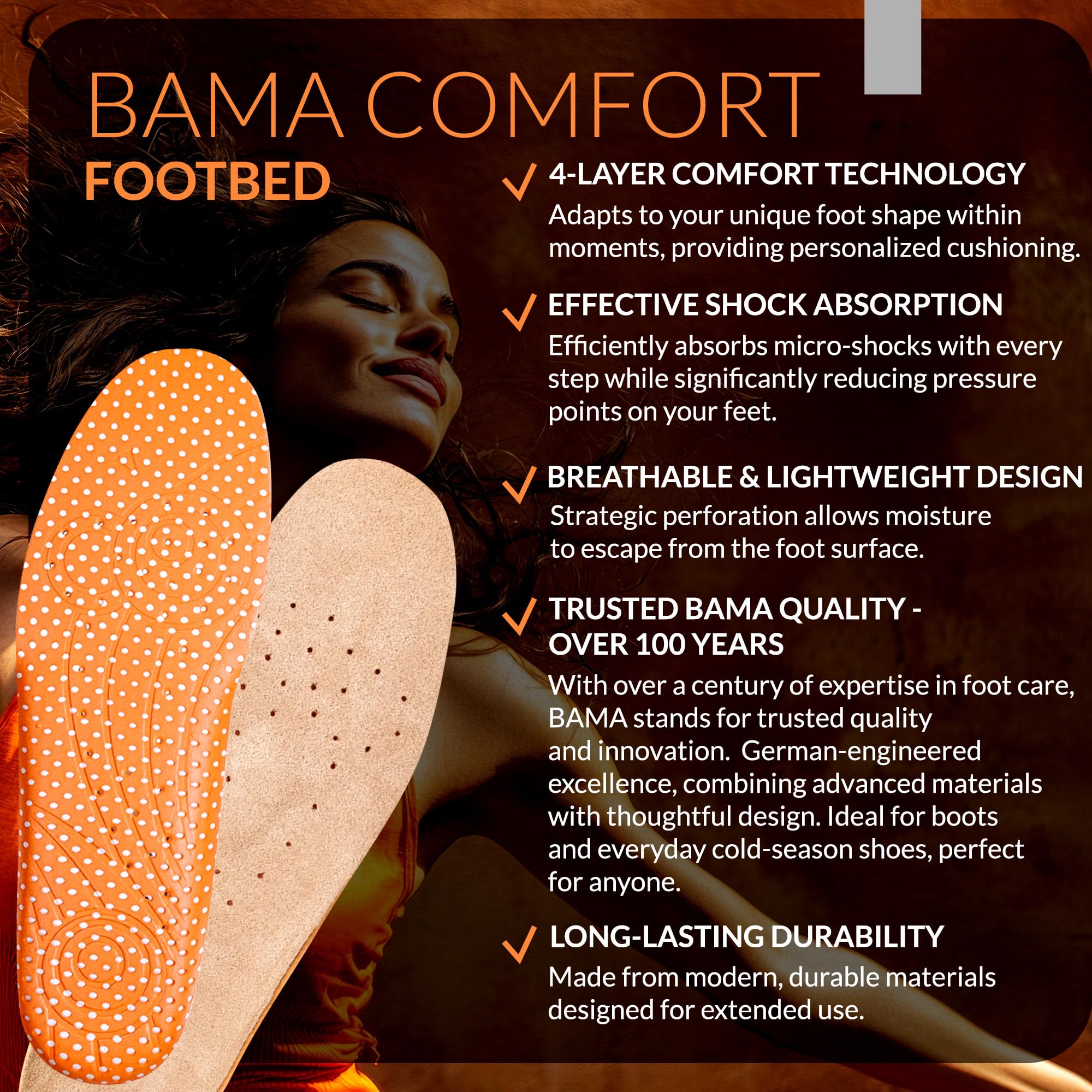 Bama Comfort Memory Foam - Amortyzowane Wkładki Piankowe Zapewniająca Wsparcie i Oddychalność - Wygodna Wkładka do Butów Unisex, Brązowo-Pomarańczowa 40/41 EUR