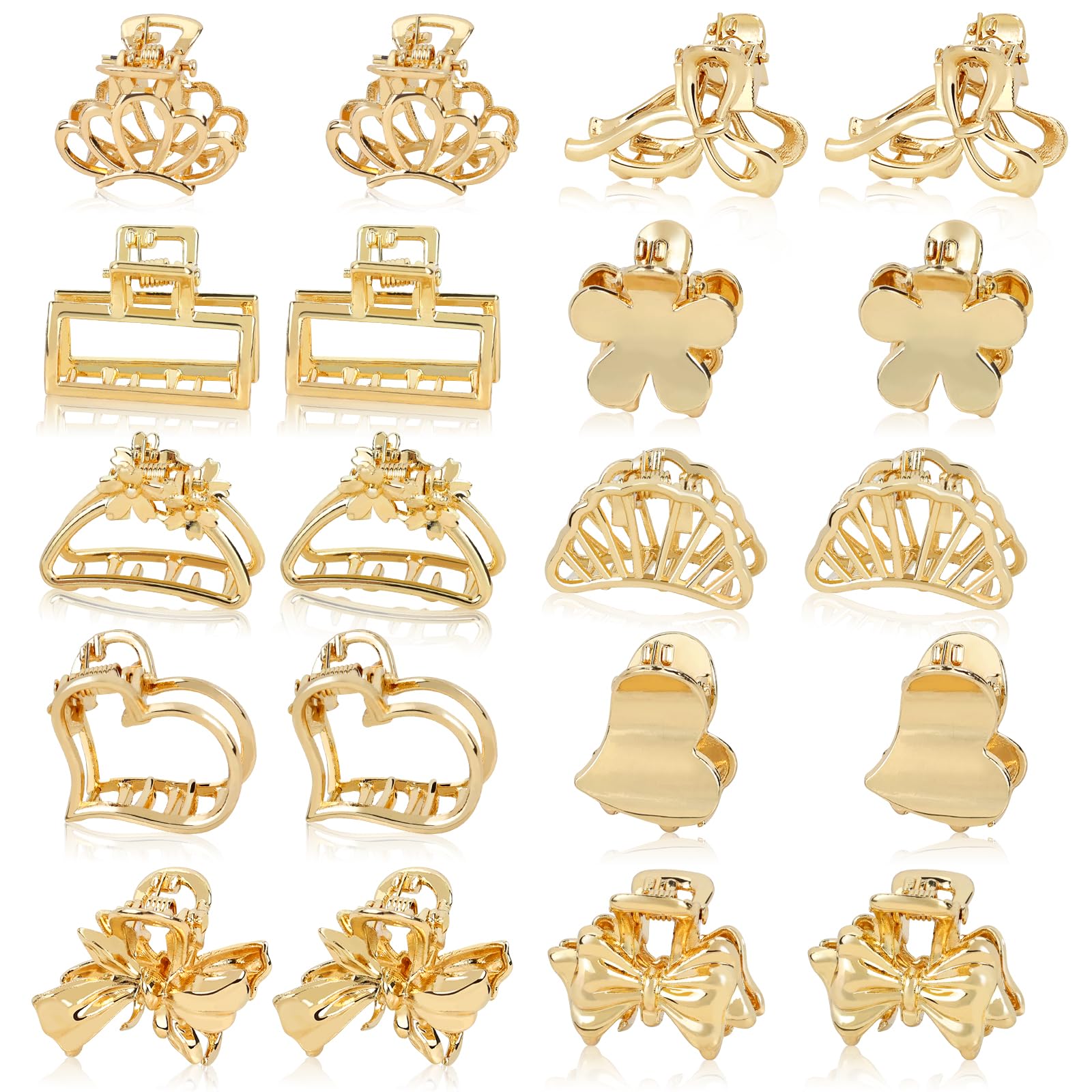 Dizila 20 Pieces/10 Pairs Gold Metal Rectangle Heart Bow Crown Flower Small Mini Hair Claws Clips Hair Clamps Barrettes Accessories for Women Girls