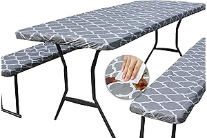 Flannel Backed Vinyl Tablecloth with Bench and Chairs, 3-Piece Set